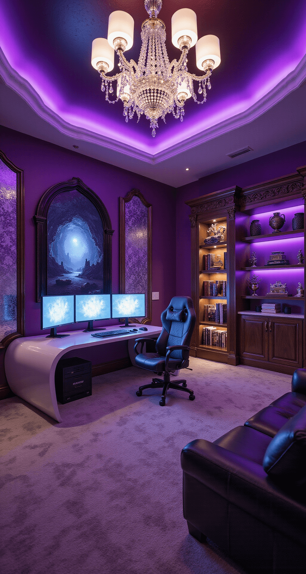 A luxurious 20x20ft gaming sanctuary featuring rich purple walls, a glossy white U-shaped desk with three 4K monitors, a crushed velvet gaming chair, high-end streaming equipment, color-changing LED panels, and a crystal chandelier, complemented by a floor-to-ceiling bookshelf and a leather chaise lounge, all set on plush geometric-patterned carpeting.