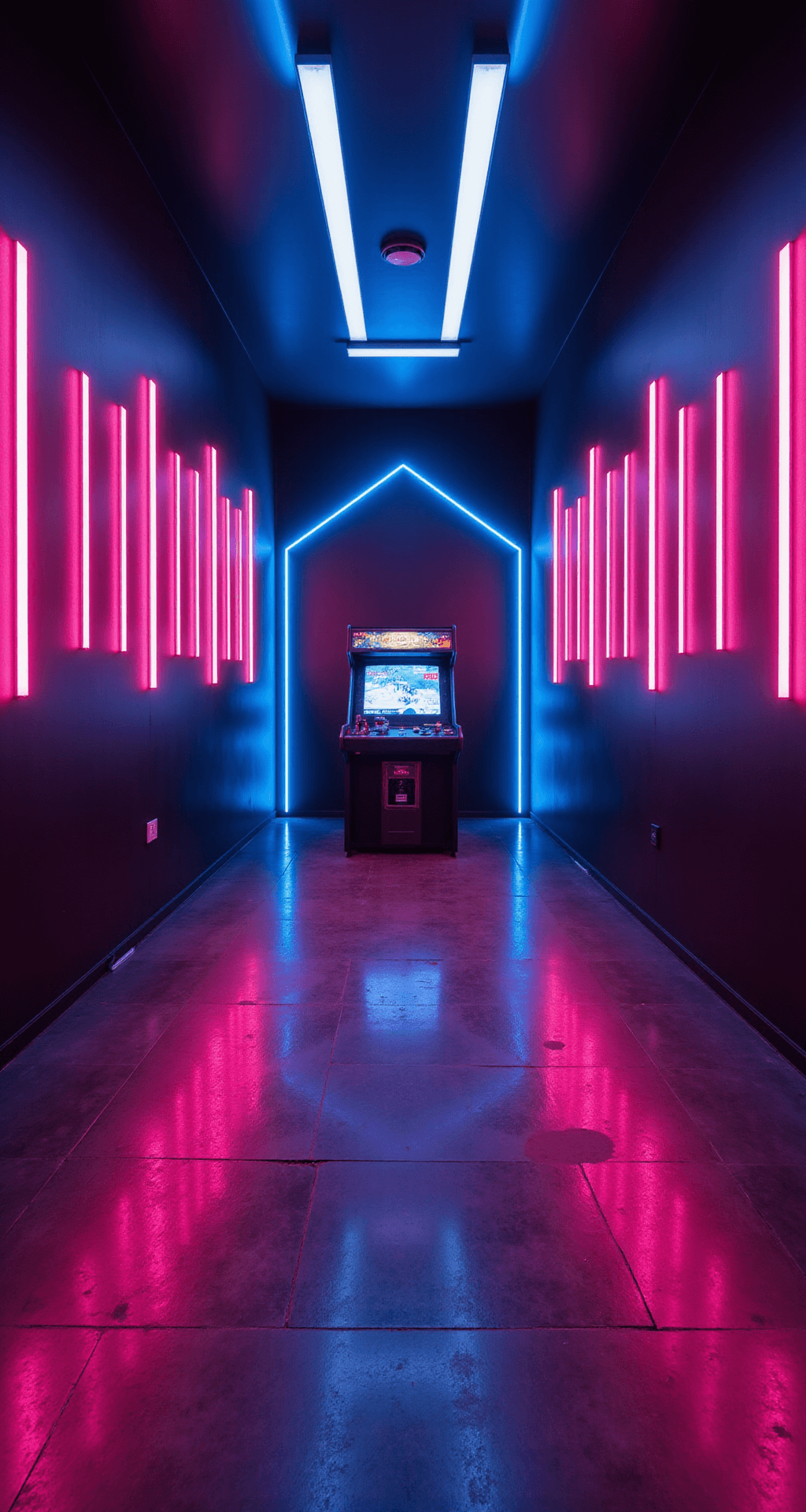 A retro-futuristic gaming den featuring matte black walls illuminated by neon pink and blue LED strips in geometric patterns, showcasing a custom-built arcade centerpiece, captured from a low angle with dramatic side lighting to enhance the neon glow and shadows.