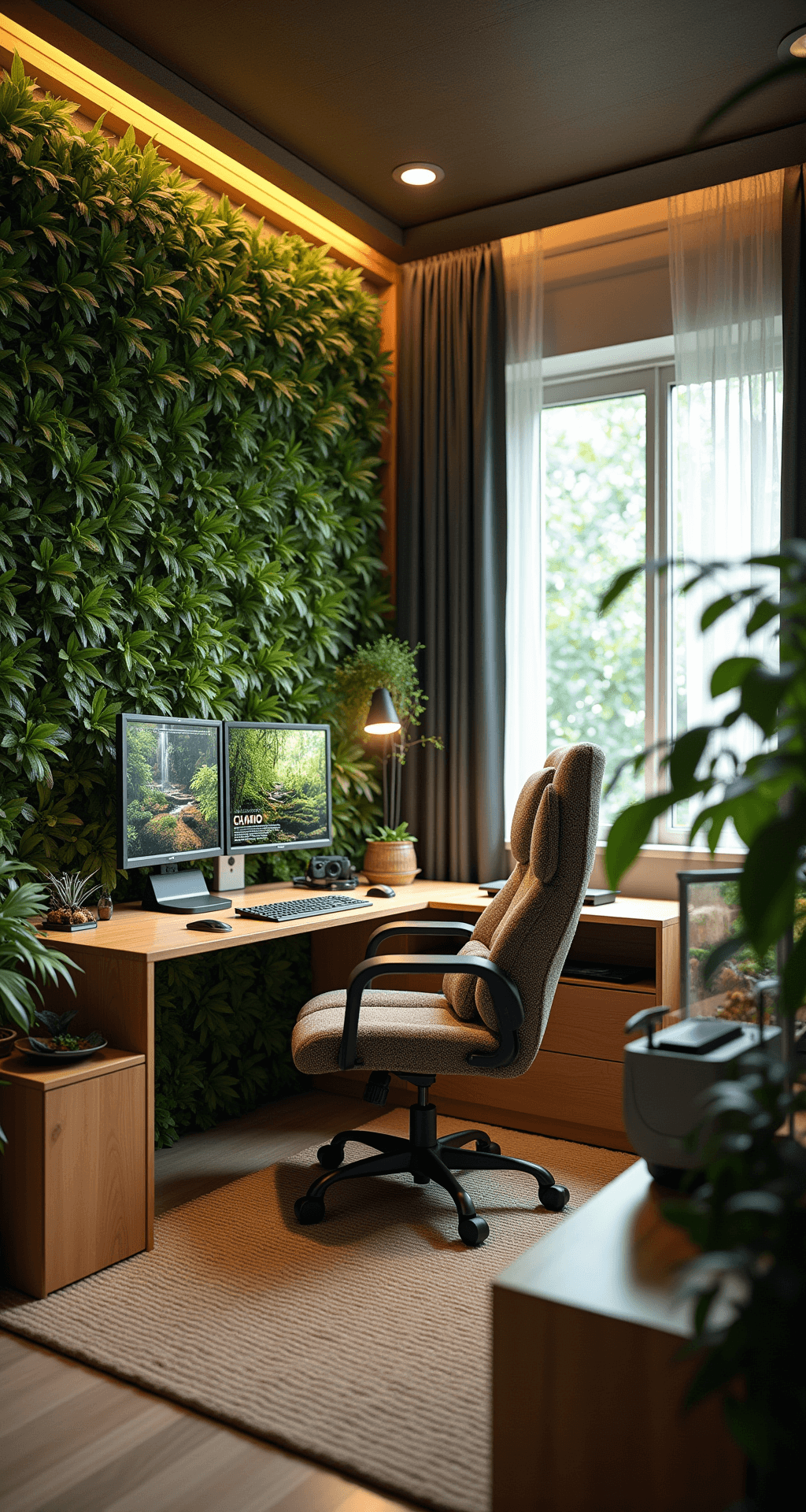 A serene nature-inspired gaming retreat featuring a floor-to-ceiling living plant wall, an L-shaped bamboo desk with dual monitors and a custom water-cooled gaming PC, an ergonomic chair in earthy fabric, biophilic design elements like an indoor fountain and terrarium, warm LED lighting, blackout curtains, and a meditation corner with floor cushions and a VR setup, all captured in soft, diffused lighting.