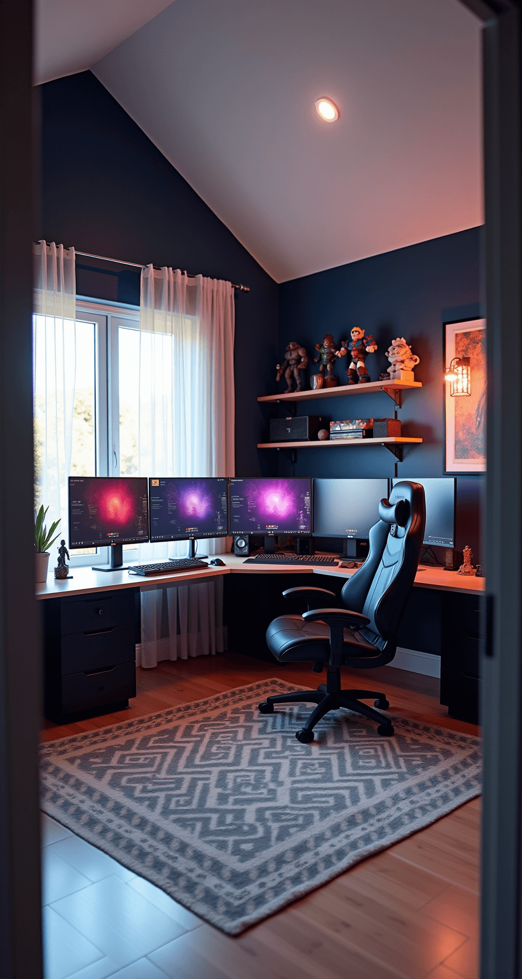 A spacious gaming room with vaulted ceilings, featuring an L-shaped desk with triple monitors and RGB lighting, an ergonomic black leather chair, dark navy accent walls, light wood flooring, and floating shelves with collectibles, all illuminated by warm afternoon sunlight.