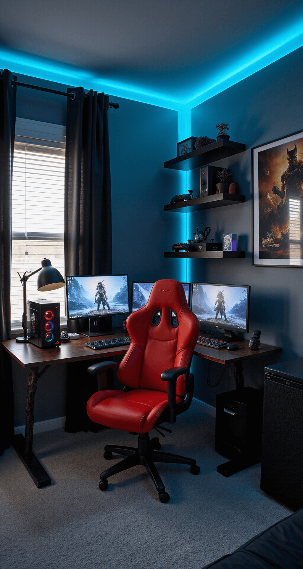 A cozy 12x12 ft bedroom transformed into a gamer's haven, featuring a custom-built gaming PC on an industrial-style desk, deep charcoal gray walls with neon blue LED strips outlining the ceiling, a bright red gaming chair, floating shelves with gaming memorabilia, and a large poster of a game character, all under early morning light peeking through blackout curtains.