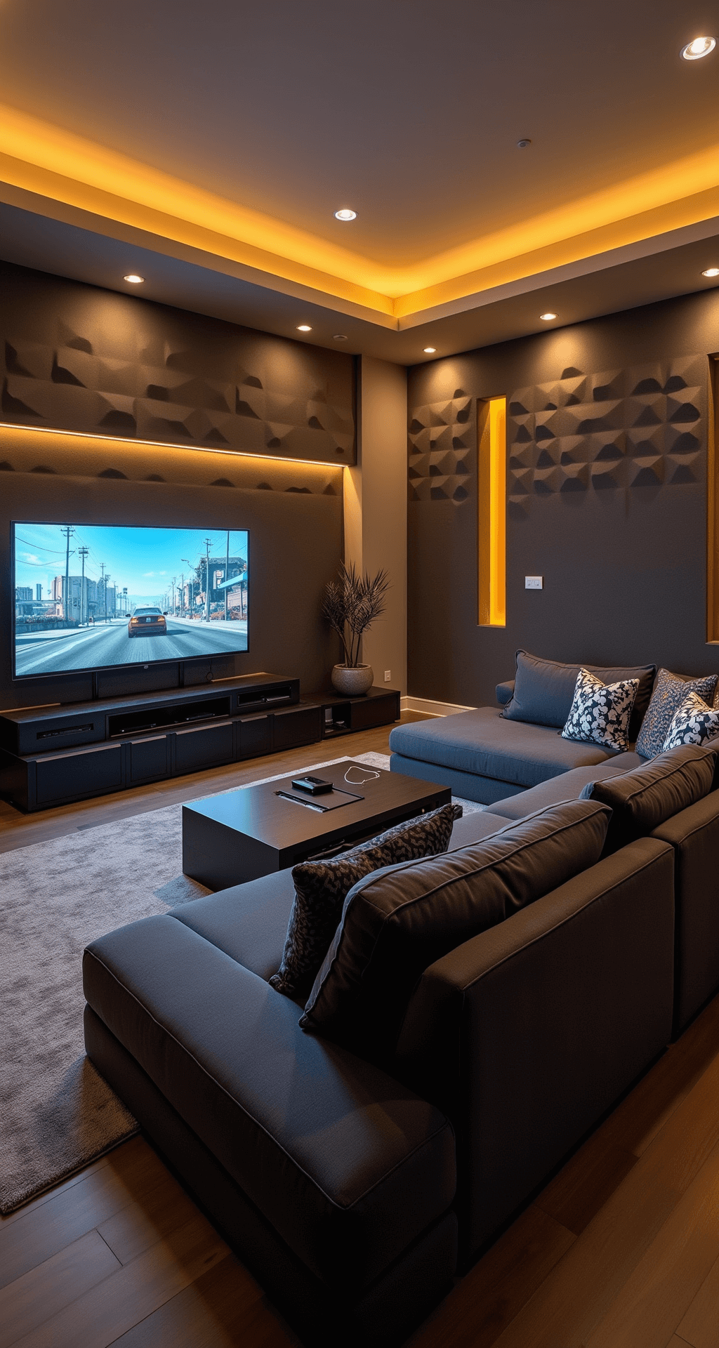 An open-concept living area transformed into a multiplayer gaming zone with warm ambient lighting, featuring a large sectional sofa, a wall-mounted 75-inch TV, a sleek entertainment center with gaming consoles, and accent walls with hexagonal acoustic foam panels. The space includes a coffee table with charging stations and playful pixelated throw pillows, all captured from a slightly elevated angle.