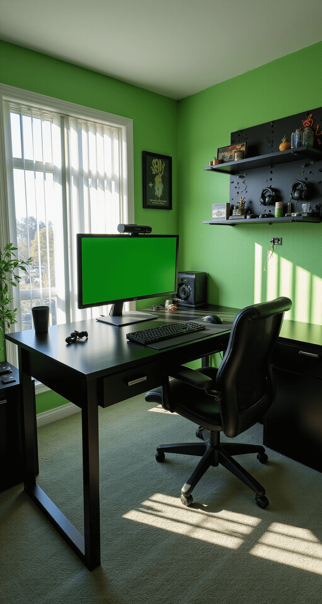 A compact home office streaming setup featuring a customized desk with dual monitors, a microphone, and a webcam, illuminated by bright key lighting and natural light, with a green screen and gaming memorabilia in the backdrop.