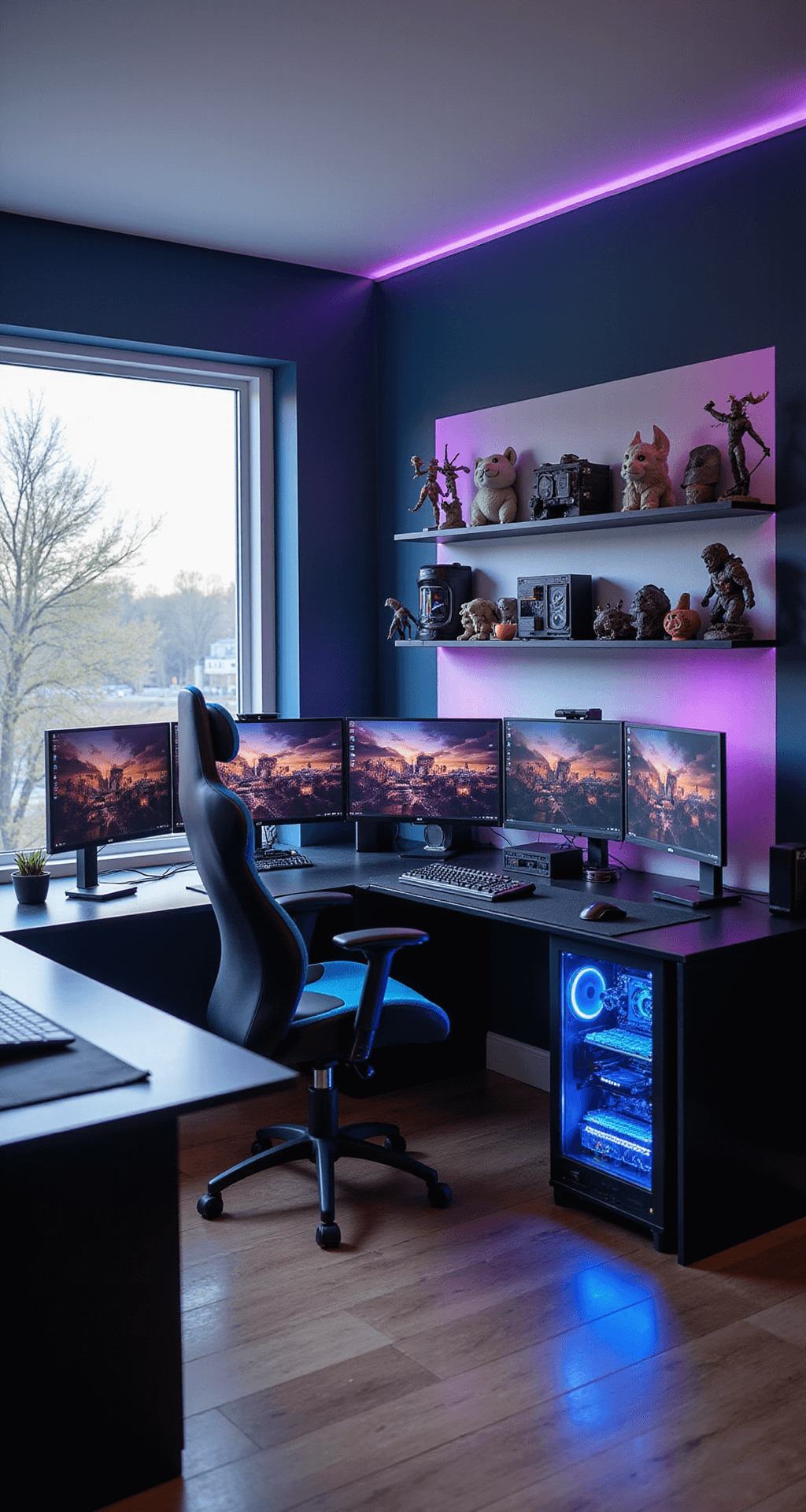 A modern gaming room featuring an L-shaped desk with a powerful gaming rig, ultrawide monitor, and dual vertical screens, illuminated by soft afternoon light from a large window, with gaming memorabilia on floating shelves and accent lighting in a deep navy setting.