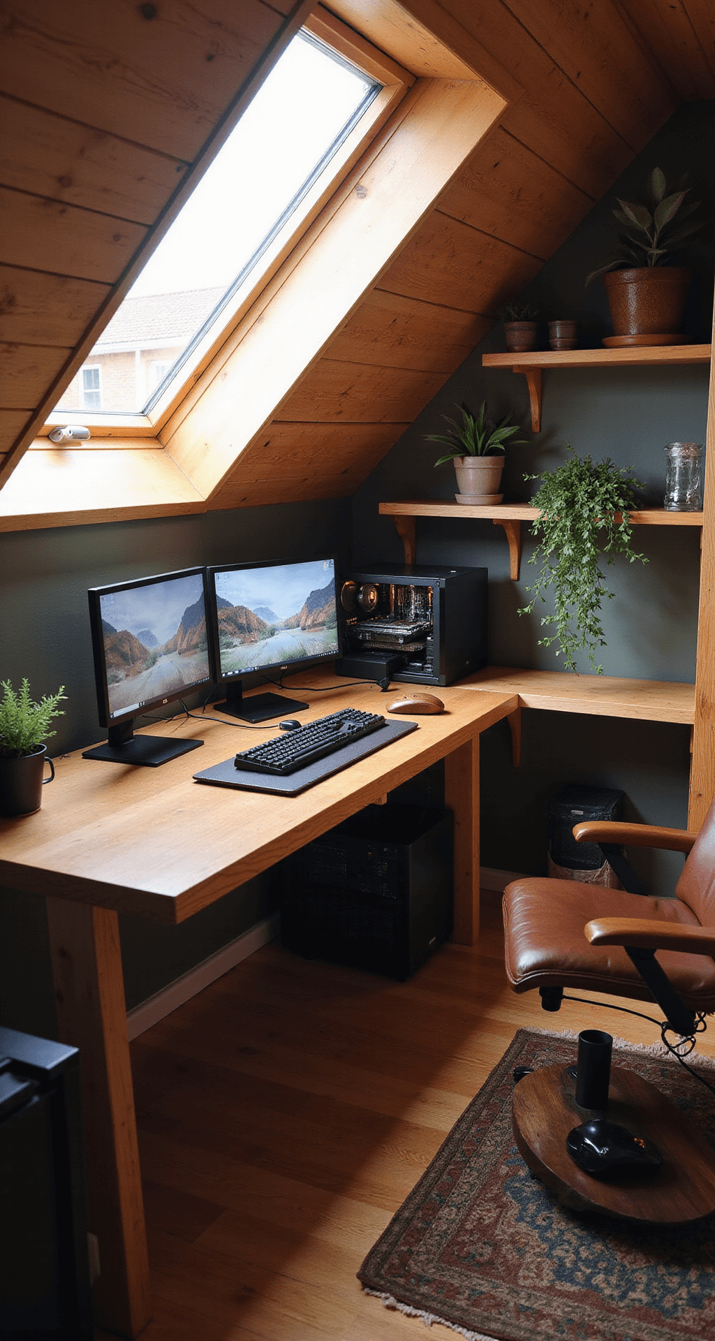 A cozy attic gaming nook features soft warm lighting, a custom wooden desk with dual monitors, a compact gaming PC on a raised platform, a mechanical keyboard with wooden keycaps, and potted plants, all under an angled ceiling with sound-dampening hexagonal panels.