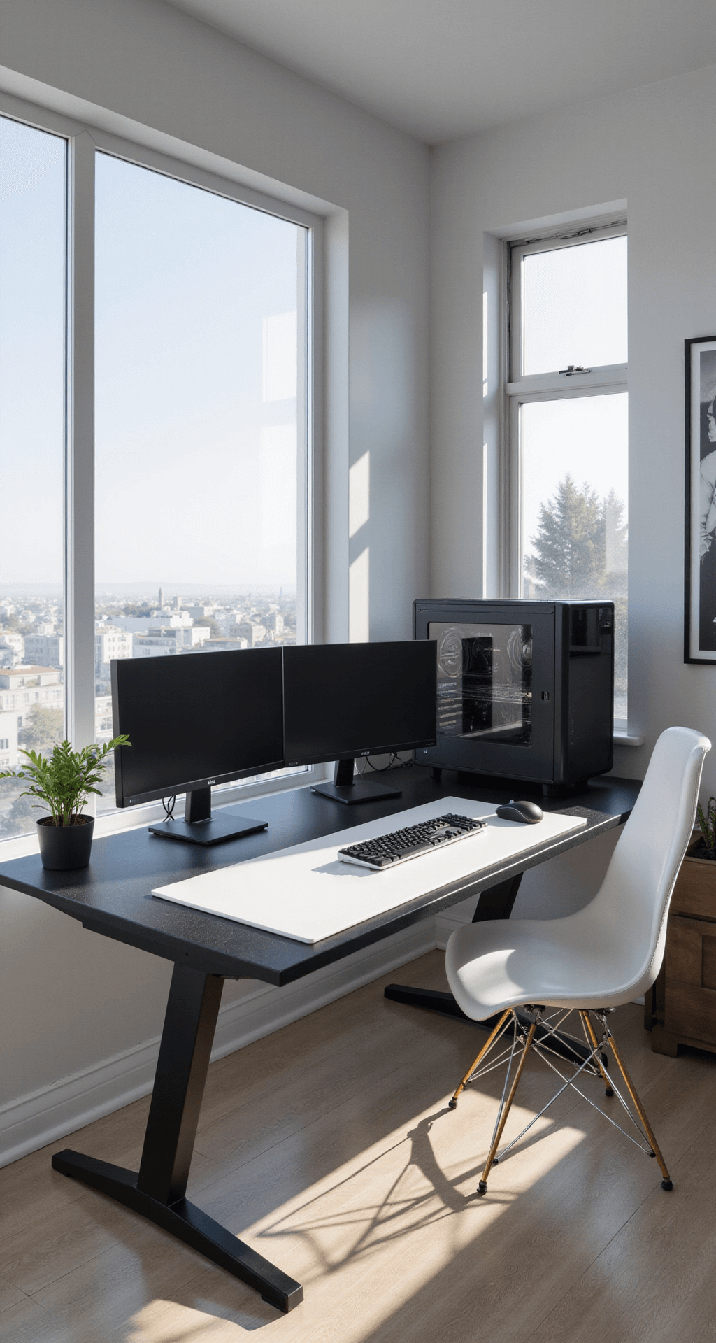 A modern minimalist home office transformed into a gaming paradise, featuring a matte black floating desk with a triple monitor setup, a custom water-cooled gaming PC in a wall-mounted showcase, and a white leather Eames-style chair, all bathed in early morning light with a potted monstera plant for a pop of green.