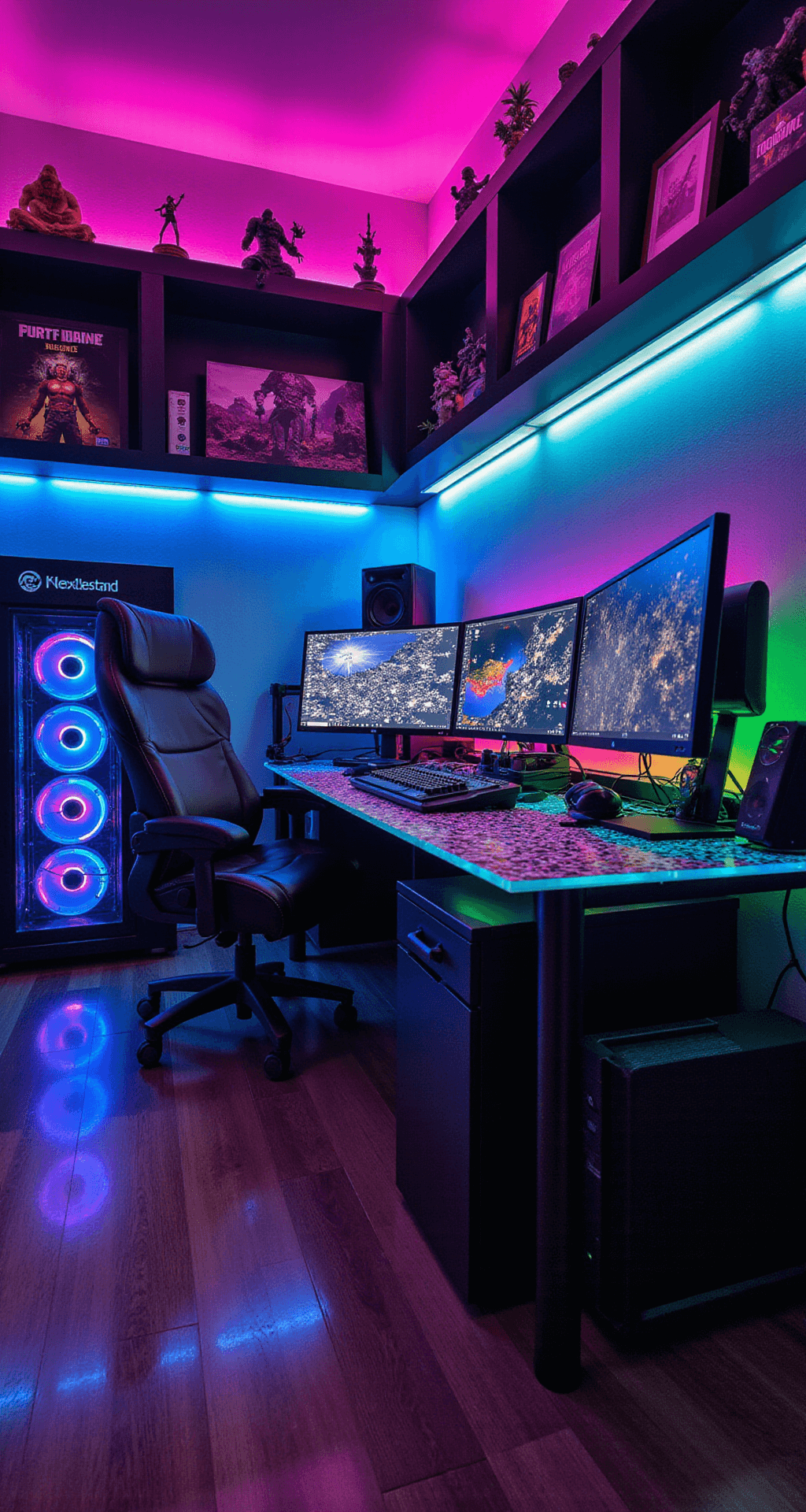 A dark gaming den with vibrant RGB lighting, featuring a U-shaped desk with a full-tower gaming rig, a large curved ultrawide monitor, and dual portrait screens, surrounded by sound-absorbing panels and illuminated collectibles.