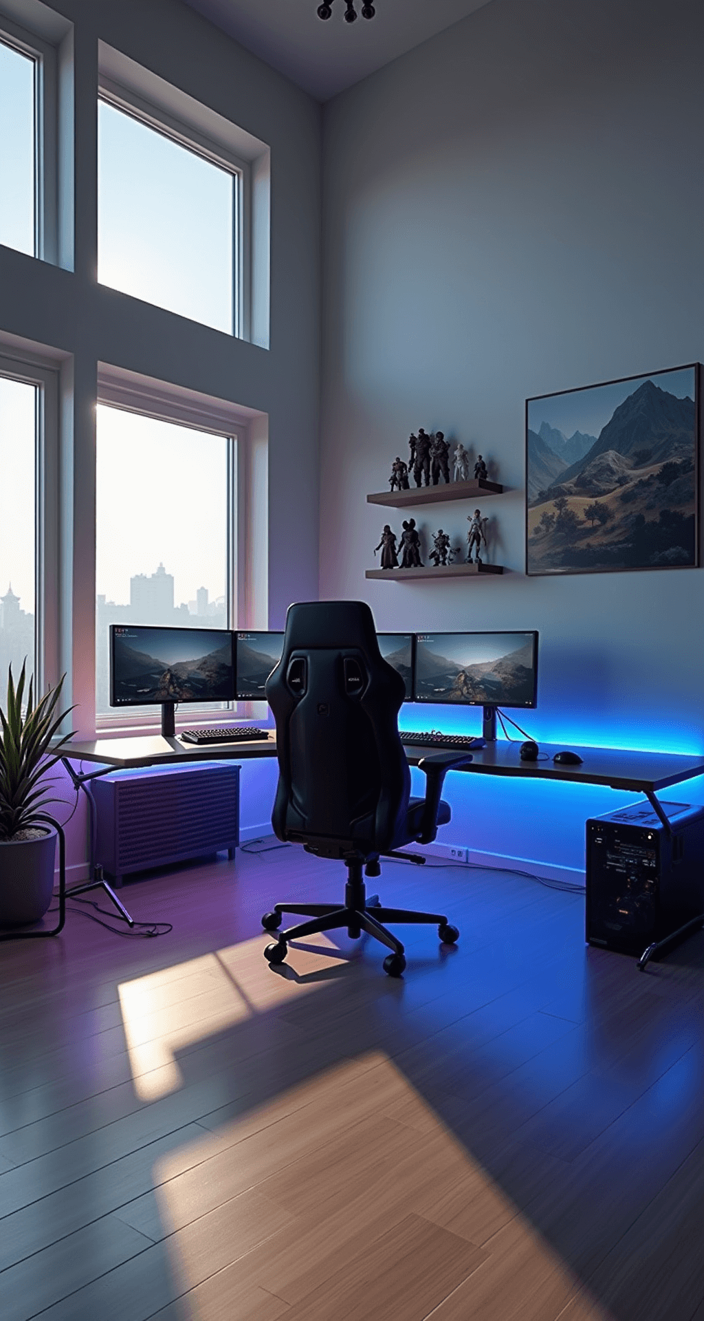 A modern gaming room featuring a spacious layout with an L-shaped adjustable height desk, triple ultrawide monitors, an empty ergonomic black leather chair, RGB lighting, and minimalist gaming artwork, all bathed in soft, late afternoon sunlight.