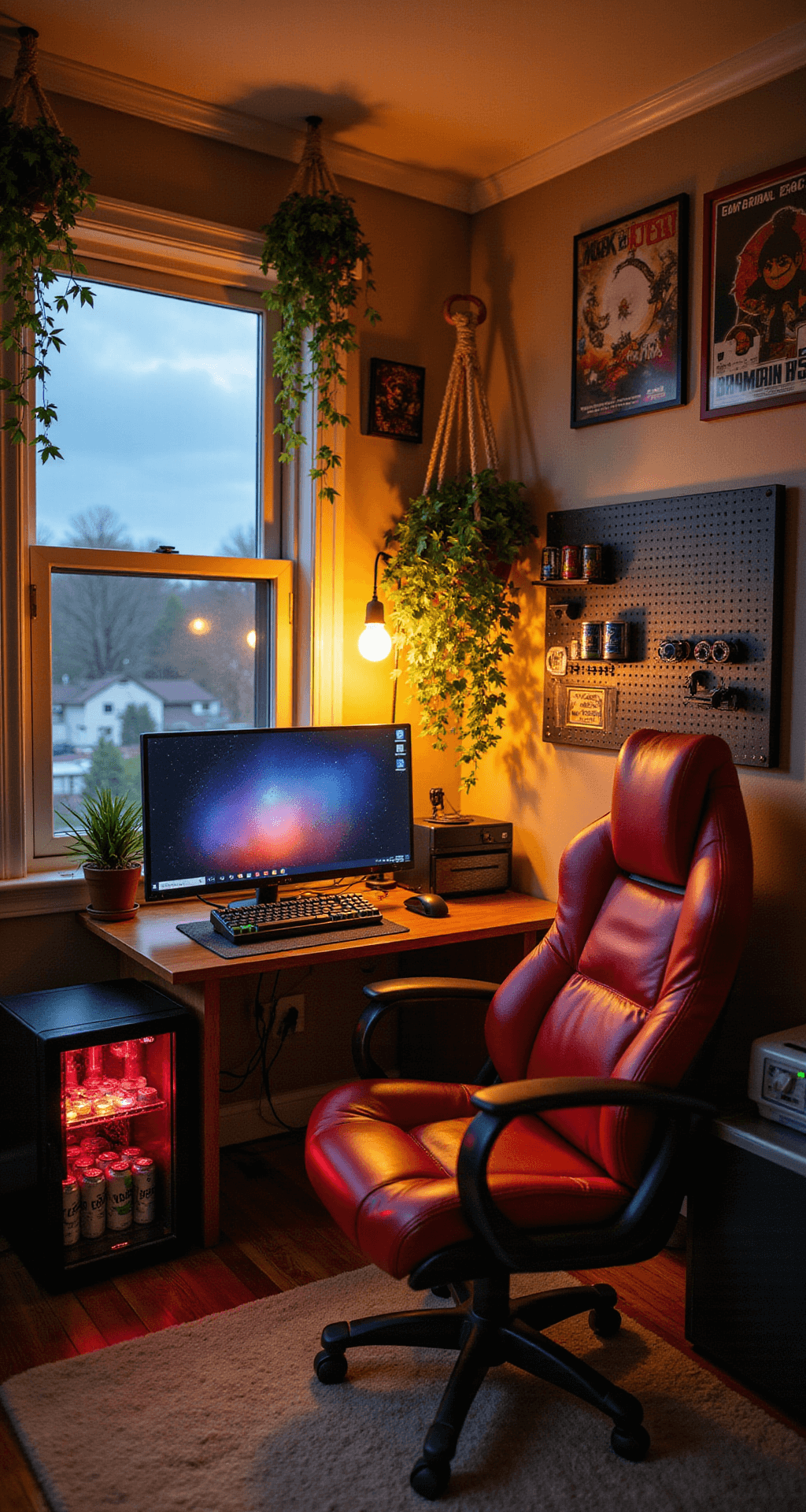 A cozy 10x12 ft bedroom transformed into a gaming nook, featuring warm lamplight, a compact desk with a curved monitor, colorful mechanical keyboard, plush red gaming chair, cascading plants, vintage gaming posters, and a glowing mini-fridge.