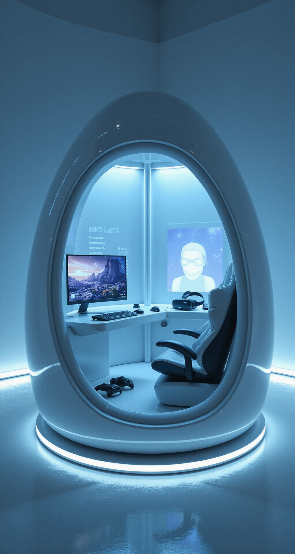 A futuristic gaming pod featuring glossy white surfaces with soft ambient LED lighting, a central floating gaming station with a wraparound touchscreen and holographic projections, ergonomic pilot-like chair with haptic feedback, minimalist wireless peripherals, a VR setup, and smart walls for information display, all captured from an elevated angle to highlight its egg-like shape and blue-tinted lighting.