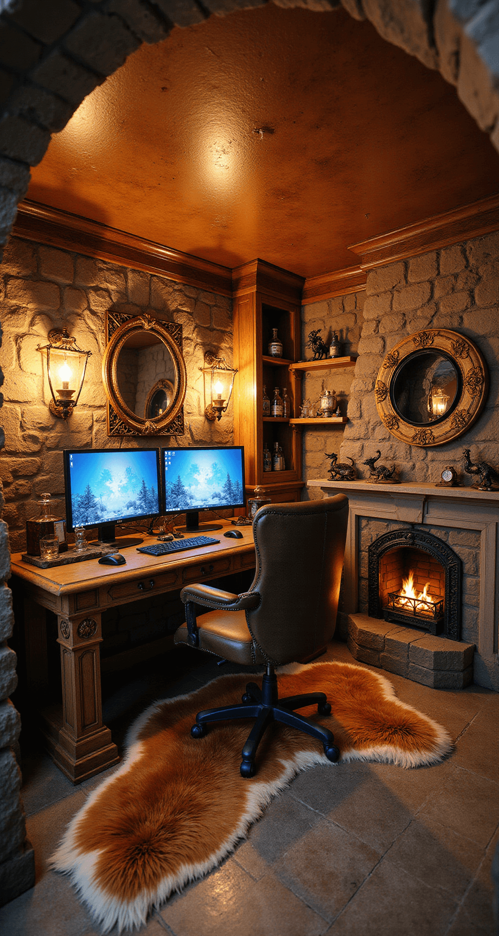 A fantasy RPG-inspired gaming room featuring faux stone walls, a painted medieval ceiling, and amber torch-like wall sconces. The room includes a large oak desk with dual monitors framed as magical portals, an ornate throne-style gaming chair, faux fur rugs, and shelves adorned with potion bottles and dragon figurines, all complemented by a realistic faux fireplace.