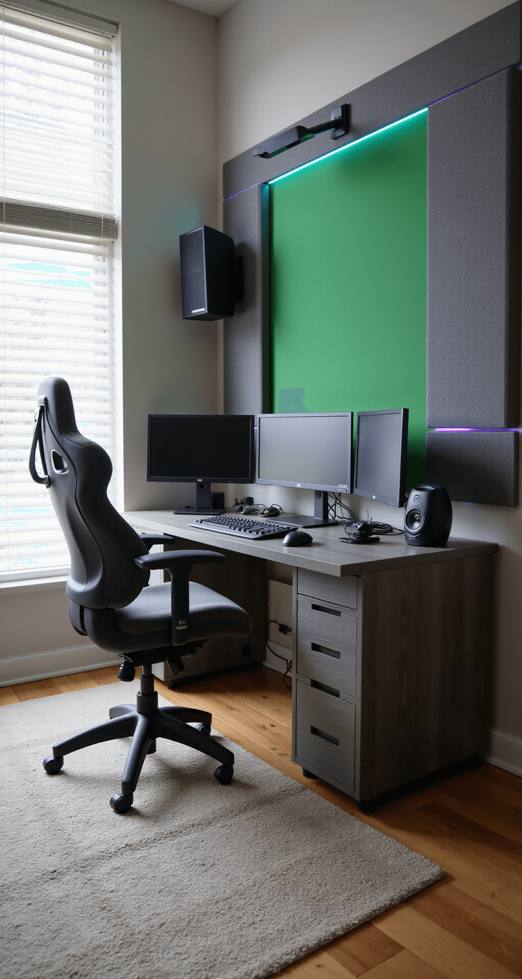 A stylish 14x16 ft home office designed for streaming, featuring a multi-monitor setup, ergonomic gaming chair, acoustic panels, motorized blinds, and subtle RGB lighting, with a green screen on a track for backgrounds and flattering lighting for broadcasts.