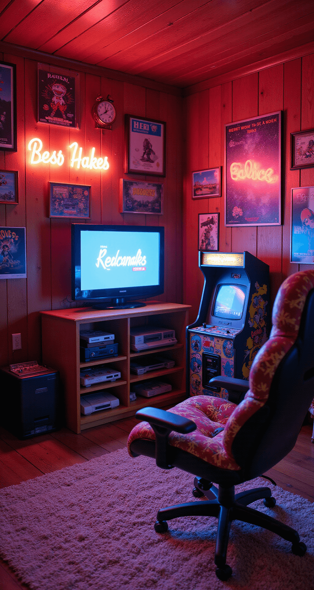 A nostalgic gaming den with wood-paneled walls, vintage game posters, a CRT TV, classic consoles, a modern gaming setup, an 80s-patterned chair, a mini arcade machine, shag carpeting, and lava lamps, all illuminated by vibrant neon signs and contrasting lights in a dynamic composition.