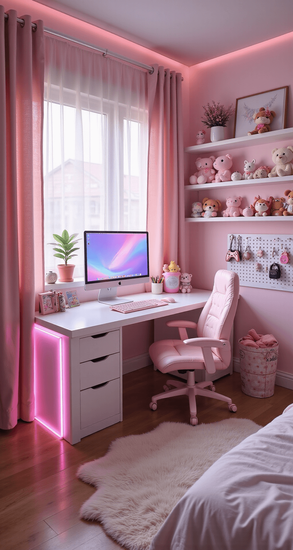 A cozy 10'x12' bedroom with soft afternoon light, featuring a white L-shaped desk and blush pink gaming chair, equipped with a sleek monitor and pink Razer Quartz peripherals, surrounded by kawaii figurines, a fluffy white rug, and organized gaming accessories on a pegboard.