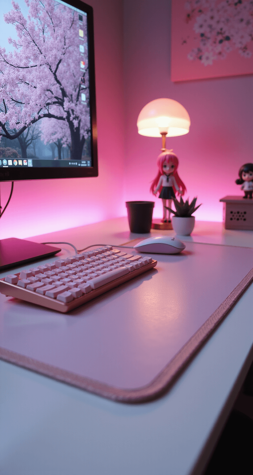 Close-up of a gaming desk corner featuring a white surface with a rose gold mousepad, pastel pink keyboard and mouse, and a crystal-clear monitor displaying cherry blossom wallpaper. A collection of anime figurines and a small potted succulent are in the foreground, while pink Nanoleaf panels are visible in the background. Soft, dreamy effect due to shallow depth of field, emphasizing the peripherals.