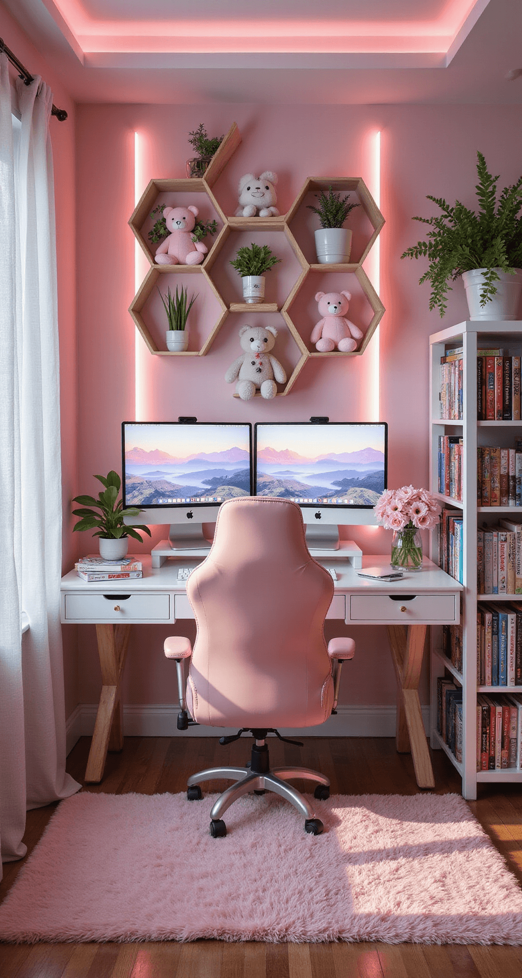 A cozy gaming nook in a small alcove, featuring a blush pink gaming chair at a white desk with gold accents, dual pastel landscape monitors, hexagonal shelves with plushies and plants, a tall bookshelf with games and figurines, and a plush pink rug, all lit by warm sunlight and pink LED strips.