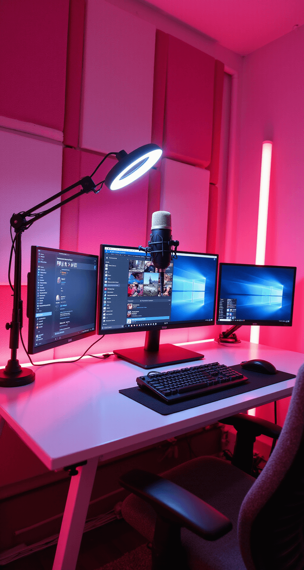 An elegant pink-themed streaming setup featuring a triple monitor array on a white desk, illuminated by glowing screens and pink LED panels. The main screen shows a live stream interface, with secondary screens displaying chat and game footage. A prominent microphone on a boom arm is highlighted by a ring light, while pink and white acoustic panels decorate the wall behind, capturing a soft, feminine aesthetic from the streamer's point of view.