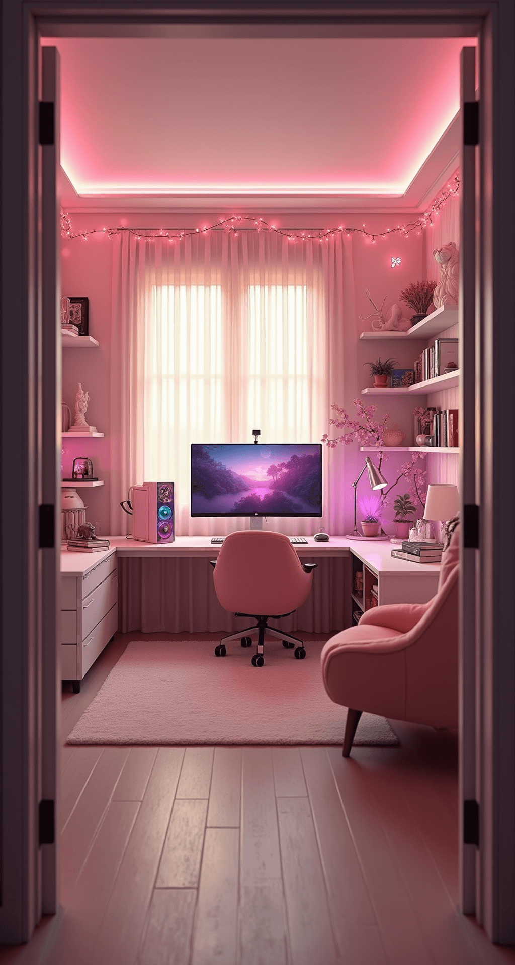 A panoramic view of a pink gaming paradise at golden hour, featuring a large white desk with a curved ultrawide monitor, a pink gaming PC with RGB lighting, floating shelves with collectibles, a cozy reading nook with a blush velvet armchair, and walls adorned with fairy lights and cherry blossom decals.