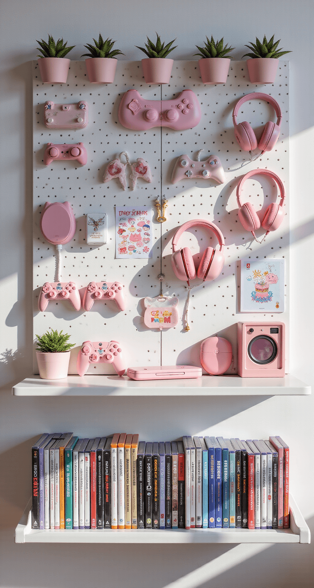Close-up of an organized gaming accessories wall featuring a white pegboard with pink and white peripherals, headphones, and controllers, complemented by small potted plants and kawaii-themed prints, with a white floating shelf displaying pastel game cases, all highlighted by morning light and soft shadows.
