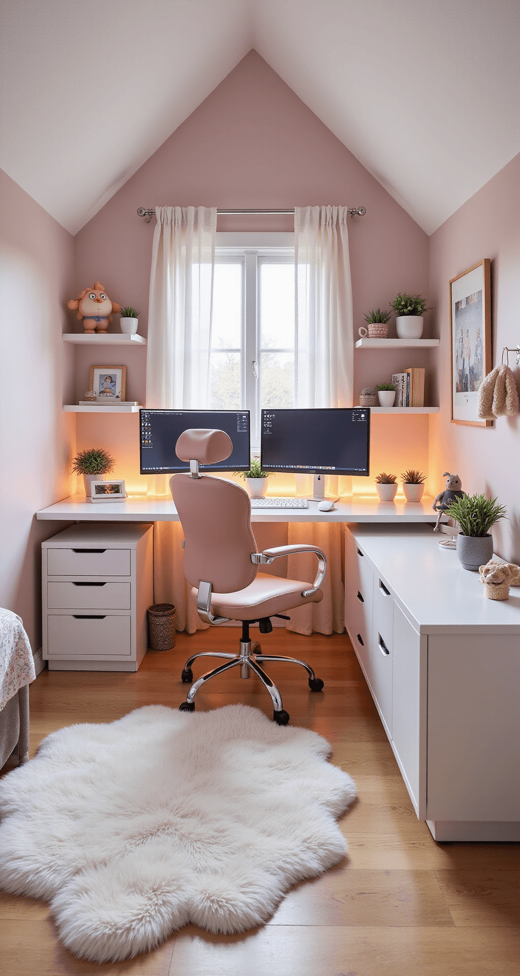 A spacious bedroom with vaulted ceilings, featuring a white desk with a dual monitor setup against a blush pink accent wall, anime figurines on floating shelves, a white rug, and a rose gold gaming chair, all illuminated by soft morning light through sheer curtains.