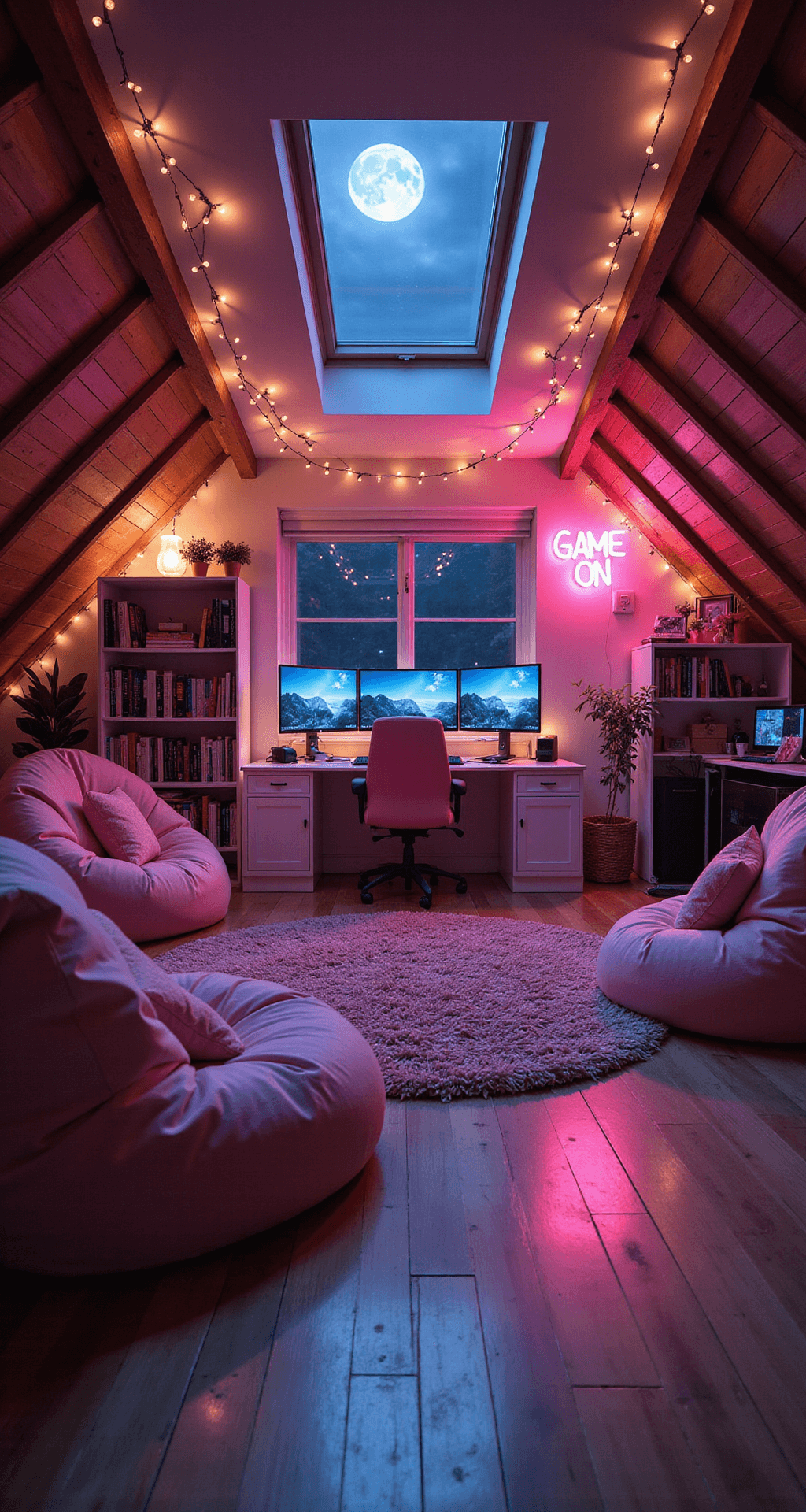 A cozy attic gaming space with slanted ceilings and exposed beams, featuring moonlight through a skylight, fairy lights, a custom white gaming desk with pink accents and triple monitors, plush pink bean bags, a shag rug, manga-lined bookshelves, and a glowing neon 'Game On' sign, captured from a low angle to highlight the unique architecture and nighttime ambiance.