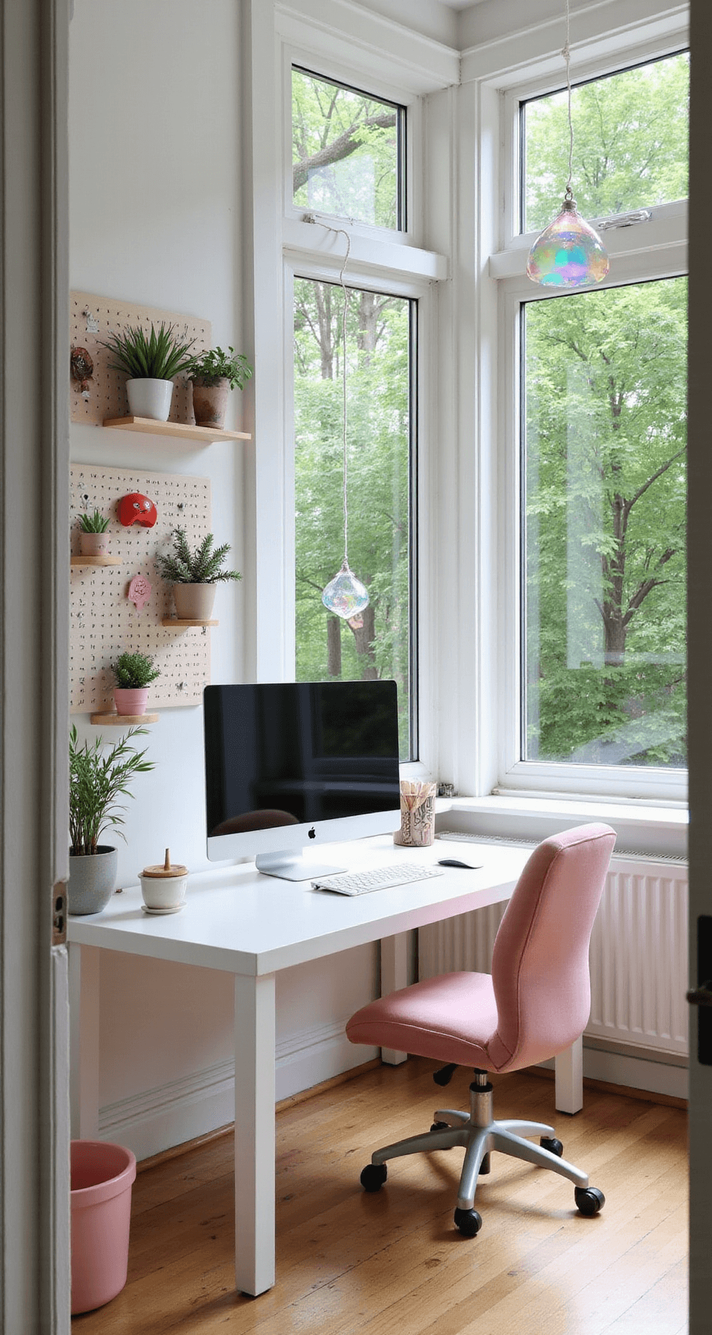 A bright home office with a white desk and ultrawide monitor, featuring a blush pink ergonomic chair and kawaii accessories on a pegboard, illuminated by natural light and framed by large windows overlooking a lush garden.