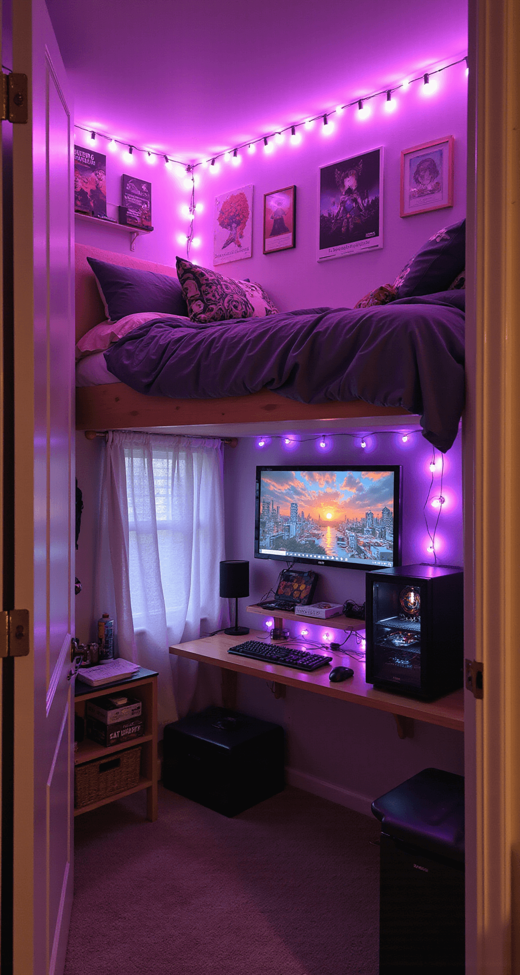 A cozy 10x12 ft dorm room transformed into a gamer's paradise, featuring a lofted bed with a compact gaming station underneath, wall-mounted monitor, floating shelves, and vibrant decorations, all bathed in a warm pink glow from string lights and LED strips.