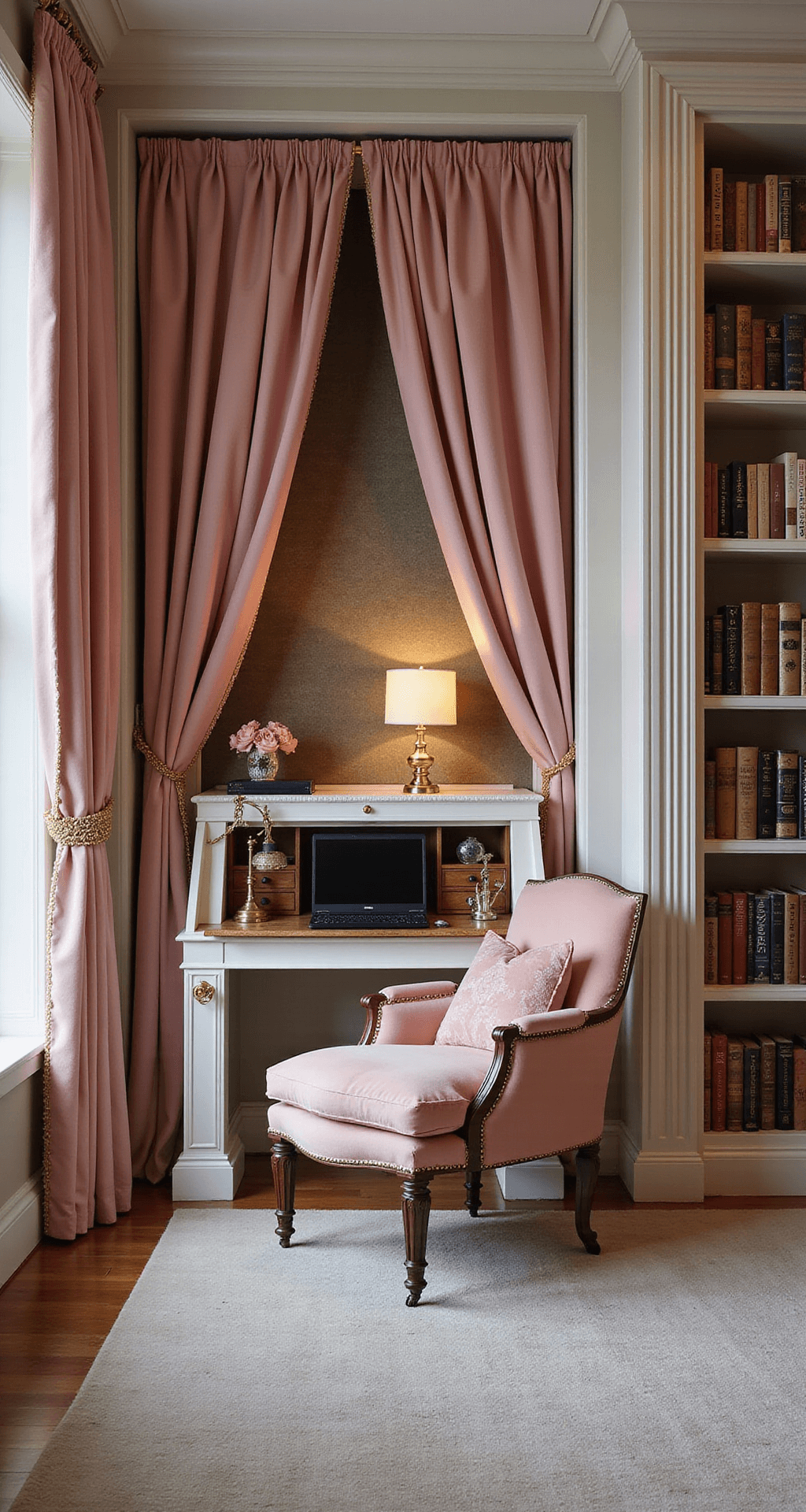 An elegant home library featuring floor-to-ceiling bookshelves, a hidden gaming nook with a custom-built white and gold secretary desk that houses modern gaming equipment, soft pink velvet curtains for privacy, antique brass lamps, and a luxurious blush pink chaise lounge, with dramatic lighting highlighting the contrast between classic decor and modern technology.