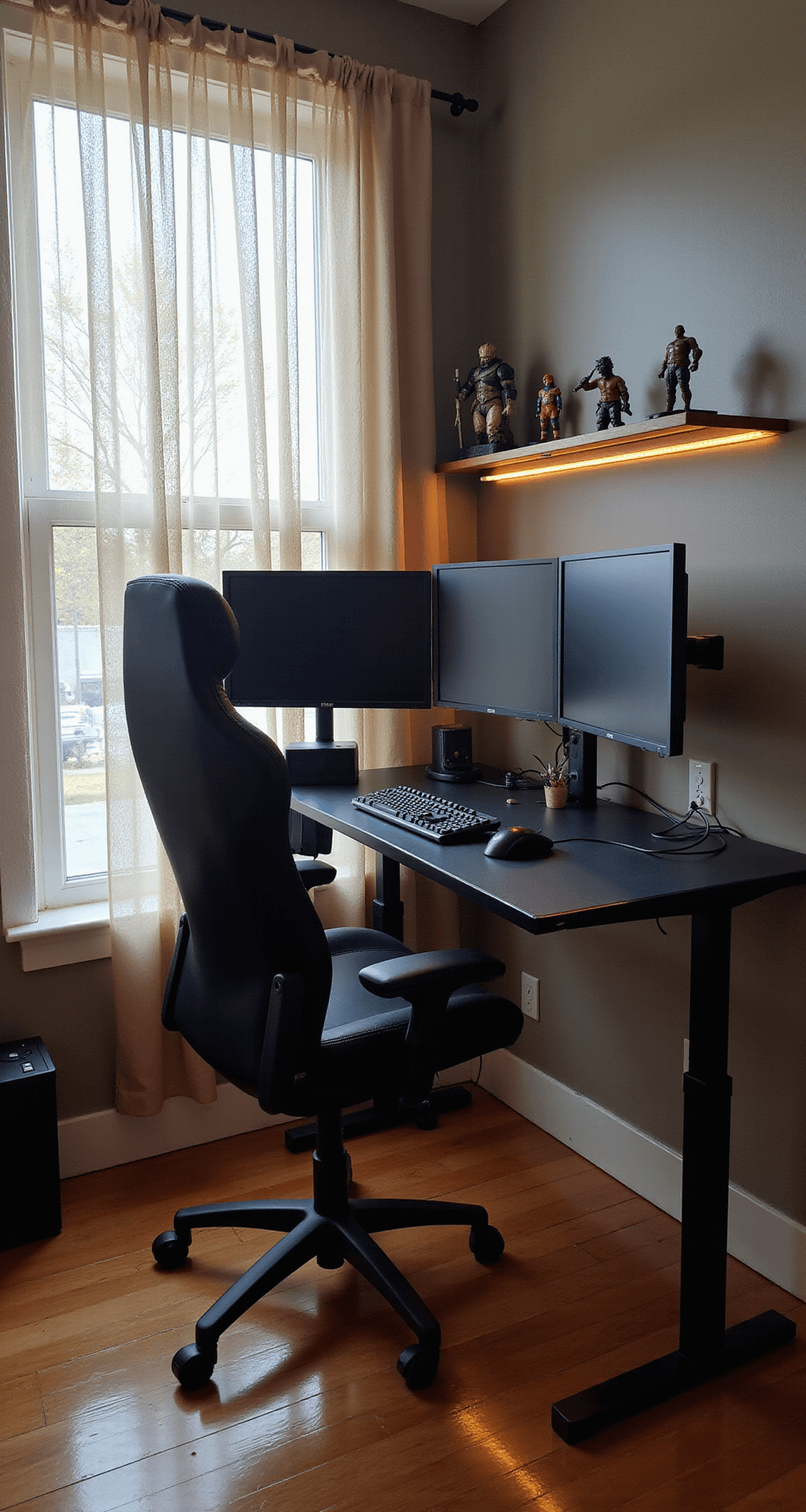 A cozy gaming alcove featuring a height-adjustable black desk with dual monitors, an ergonomic black gaming chair, warm LED lighting, and organized cable management, illuminated by soft afternoon light.