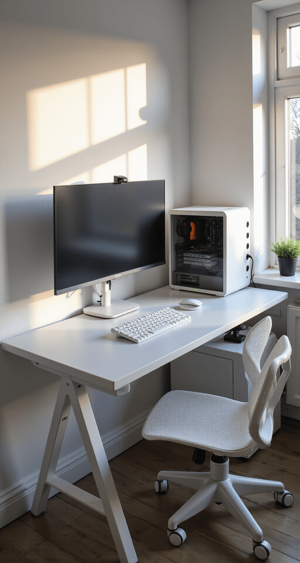 Minimalist gaming corner with a white IKEA desk, large 4K monitor on a slim arm mount, compact white custom PC with tempered glass panel, white mesh office chair, wireless mechanical keyboard and mouse, small potted plant, and soft bias lighting, captured in early morning sunlight.