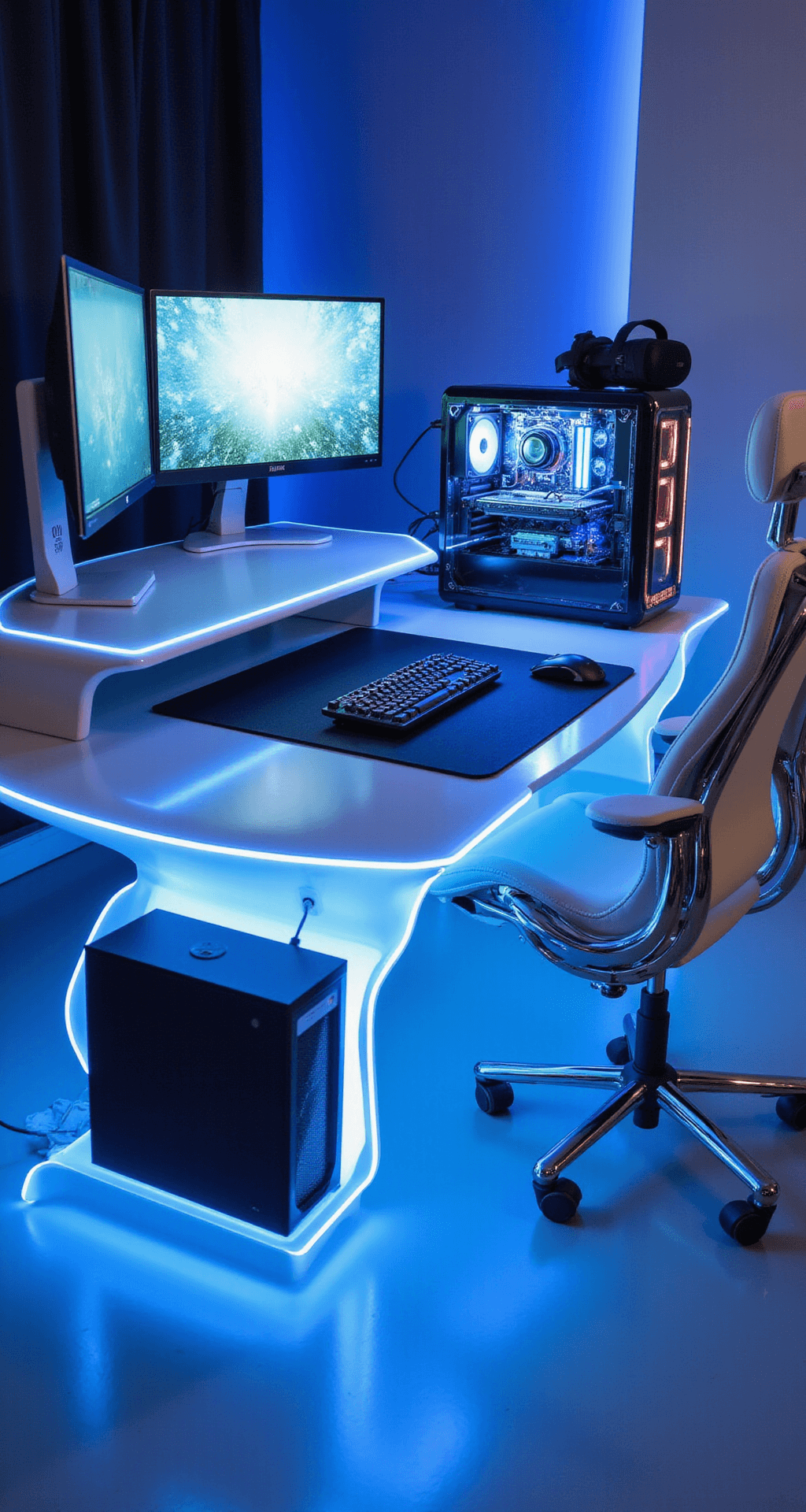 A futuristic gaming command center featuring a glossy white curved desk with a triple monitor setup, a custom water-cooled PC with visible colorful coolant, an ergonomic white and chrome gaming chair, and sleek brushed aluminum peripherals, all illuminated by cool blue LEDs and enhanced with accent lighting for a floating effect.