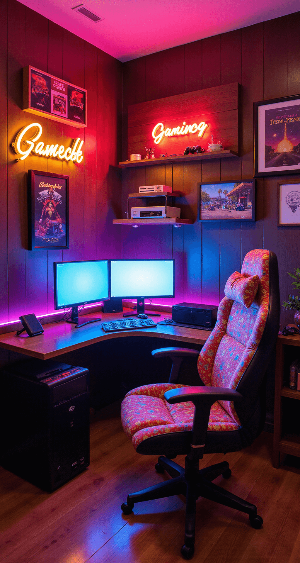 A nostalgic gaming room featuring a vintage wooden desk with a modern ultrawide monitor, a custom arcade-style PC case, an 80s-patterned high-back gaming chair, neon signs, classic game posters, and retro consoles on shelves, all illuminated by RGB lighting and the warm glow of lava lamps.