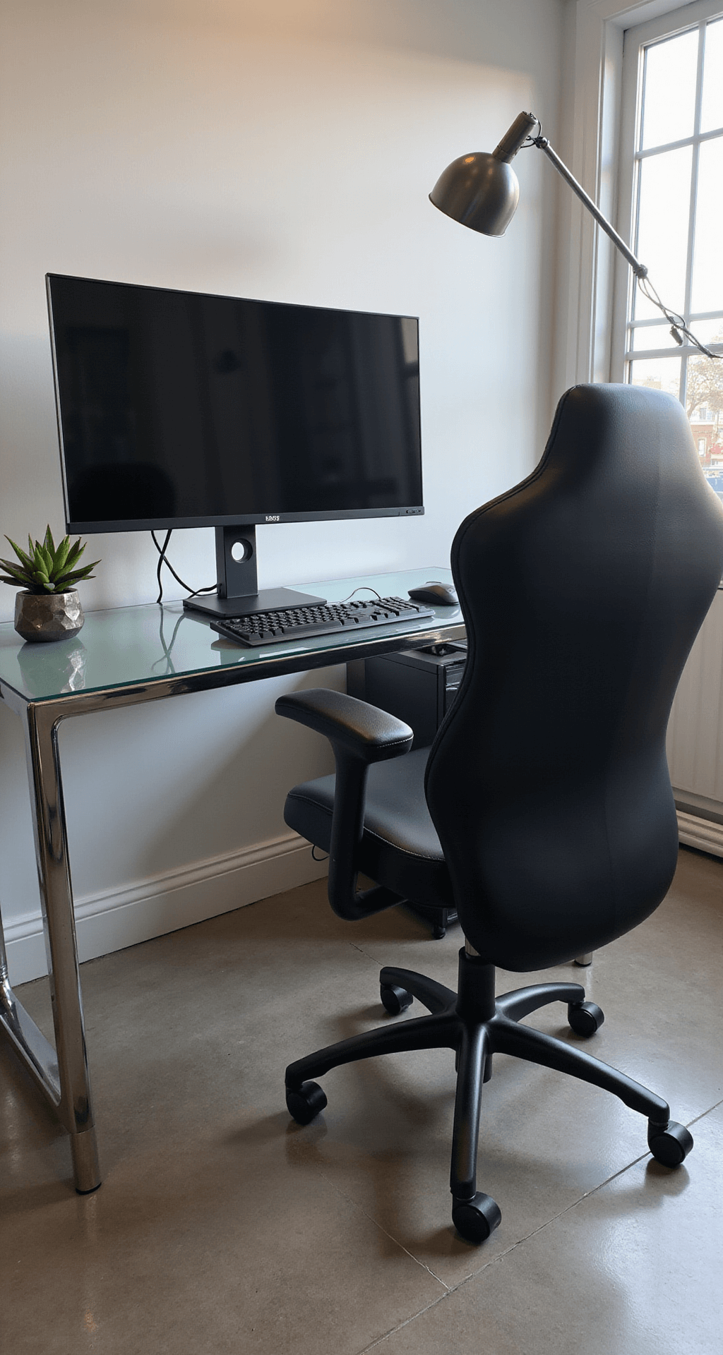 Elegant gaming setup in a home office featuring a glass-top desk, large 4K monitor, all-in-one PC, ergonomic black leather chair, wireless brushed metal keyboard and mouse, modern desk lamp, organized cables, and a small succulent in a geometric planter.