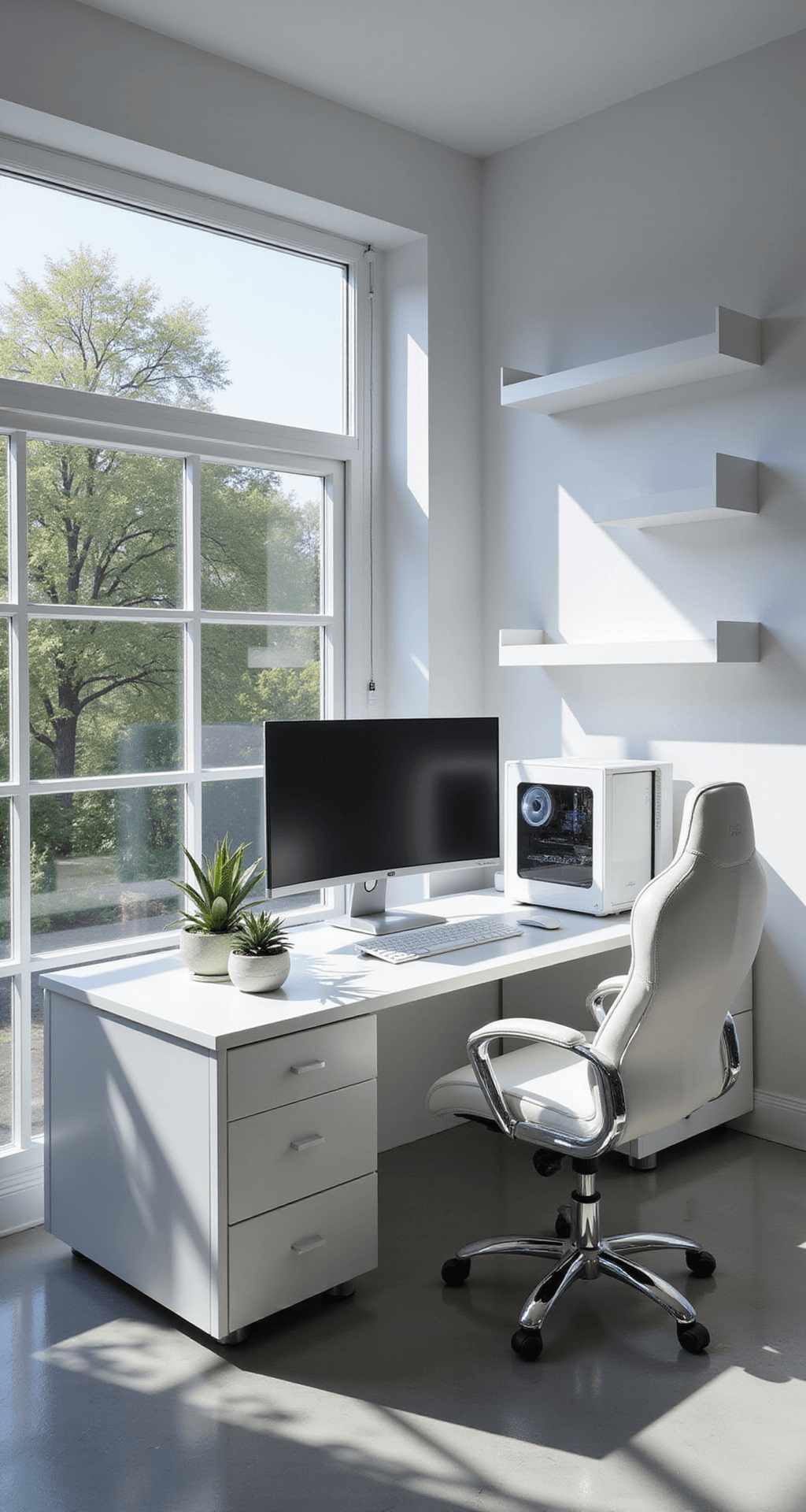 A sleek white gaming setup in a minimalist room with floor-to-ceiling windows, featuring a curved monitor, white PC tower, and plush gaming chair, illuminated by natural light and soft LED strips, against light gray walls and polished concrete floors, with small succulents adding warmth.