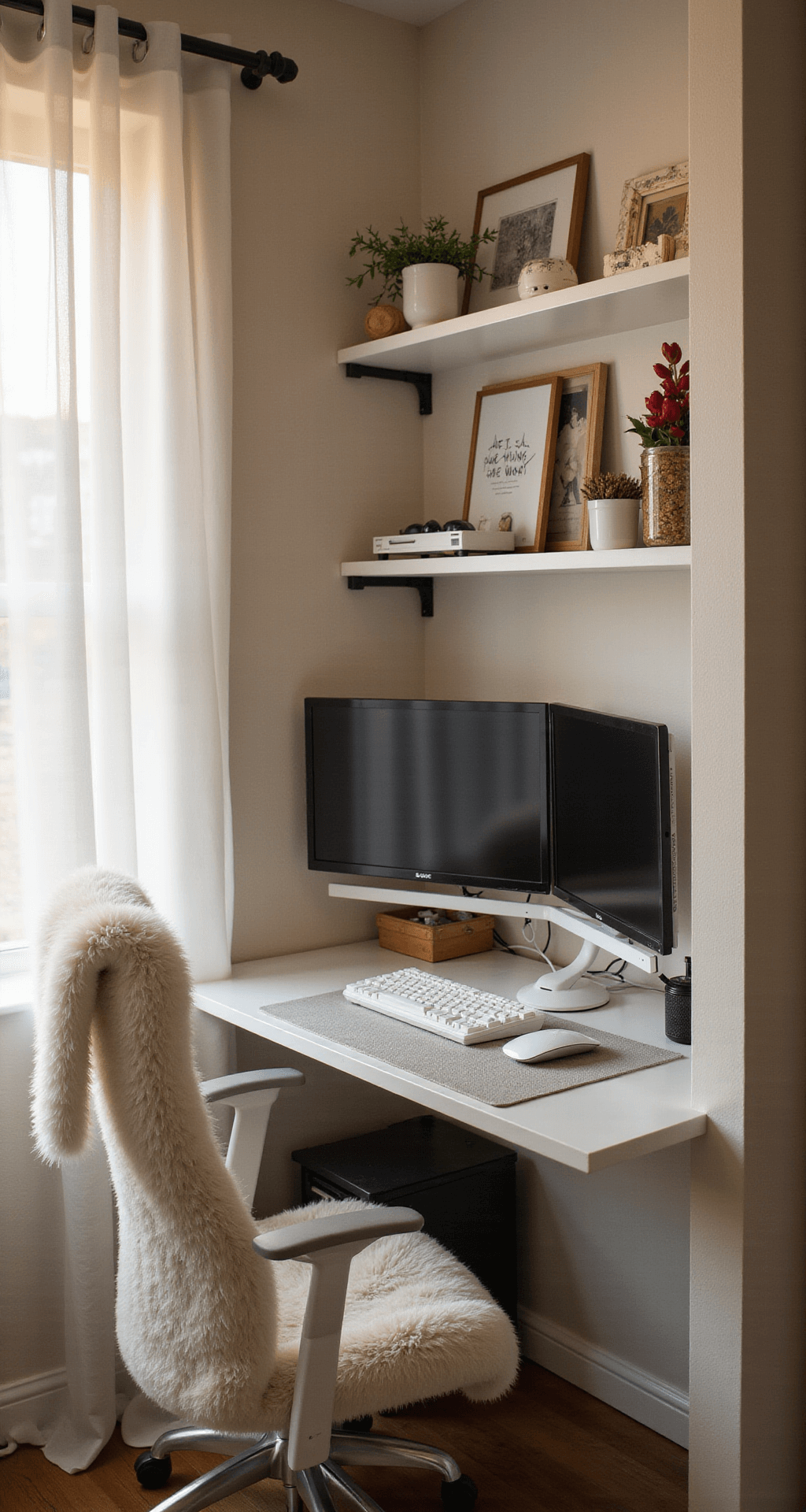 An intimate gaming nook in a cozy alcove, featuring a sleek white desk with dual monitors, a light gray desk mat, and pristine white keyboard and mouse. Soft warm light filters through sheer curtains, illuminating the space with a touch of elegance. Floating shelves display white gaming peripherals and art pieces, while a white faux fur throw adds comfort to the ergonomic chair. The off-white walls enhance the snug atmosphere, complemented by impeccable cable management and soft ambient lighting.