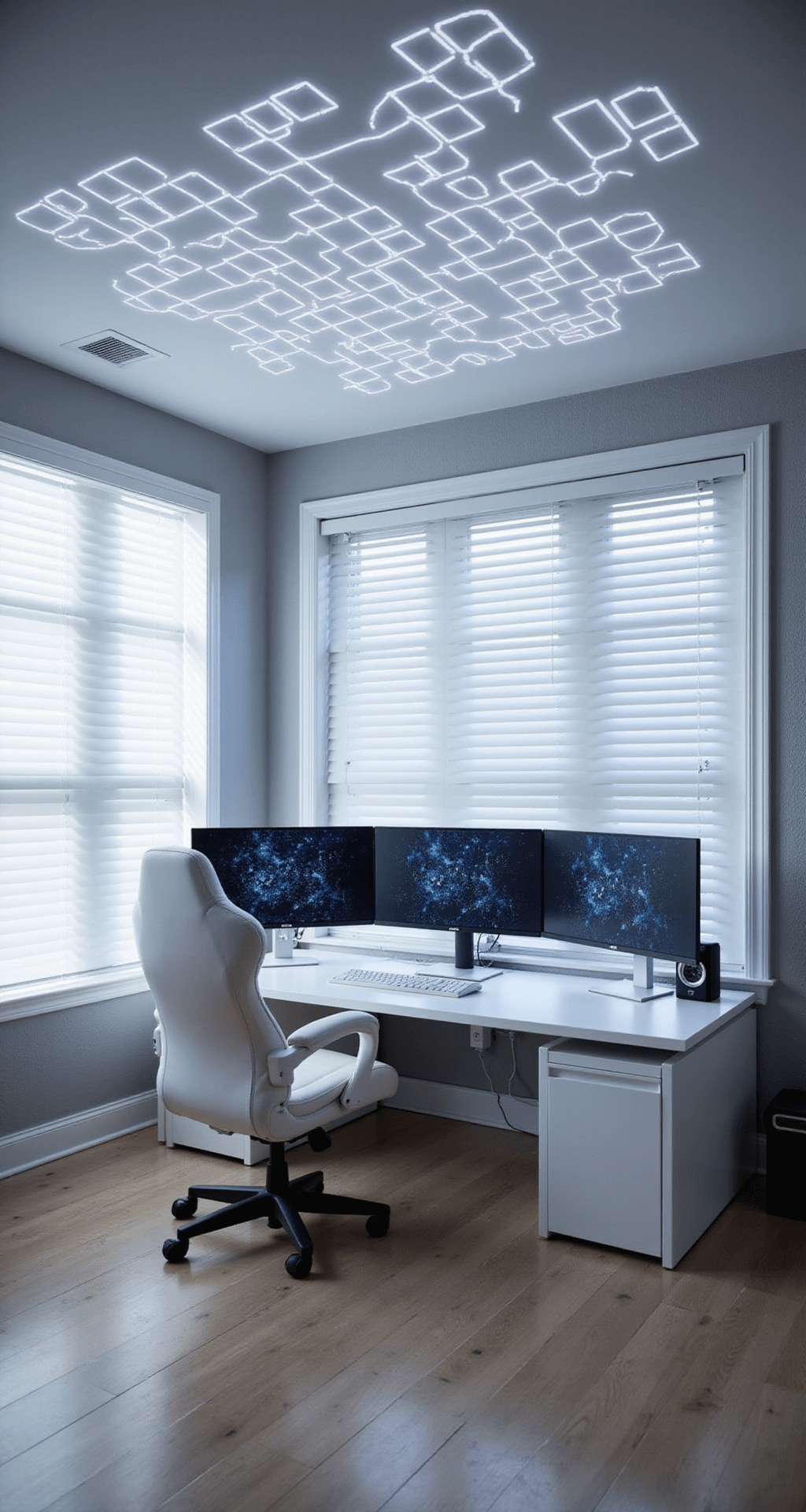 A modern gaming room with white decor, featuring a large gaming desk, triple monitor setup, white PC tower, leather gaming chair, and illuminated Nanoleaf panels, all basking in cool morning light.