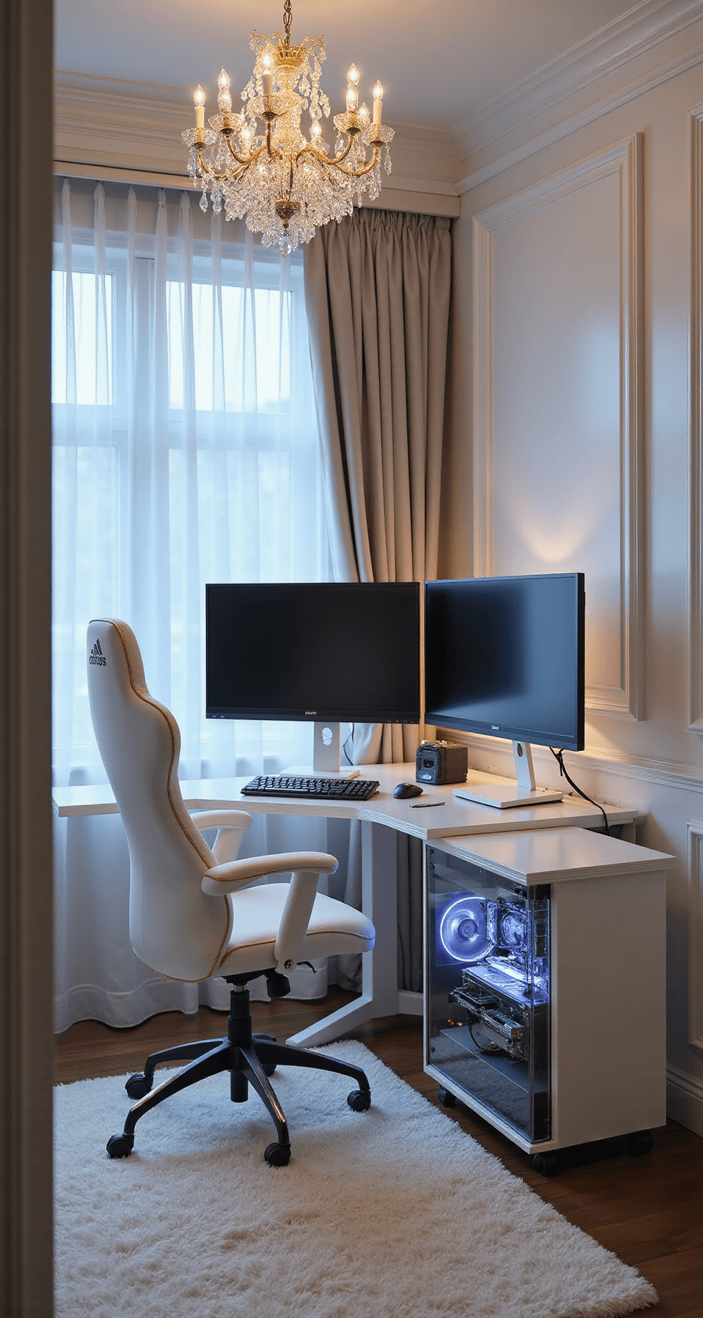 A luxurious master bedroom featuring a dedicated gaming corner with a custom white gaming desk, elegant dual monitors on articulated arms, and a plush gaming chair, all illuminated by soft moonlight and warm LED lights, framed by white wainscoting and a crystal chandelier.