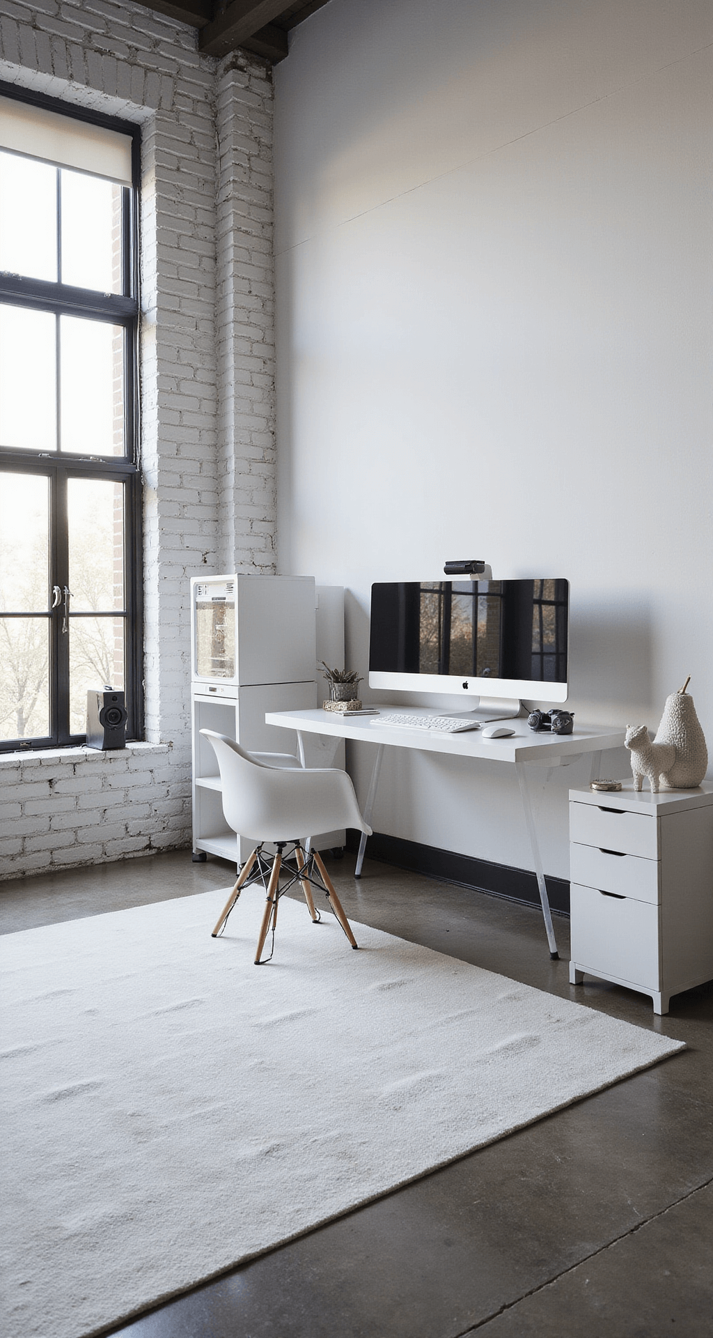 A bright minimalist gaming studio in a converted loft, featuring a floating white desk with a curved ultra-wide monitor, a frosted white PC tower, an Eames-style chair, and modular shelving, all illuminated by early morning light through industrial windows.