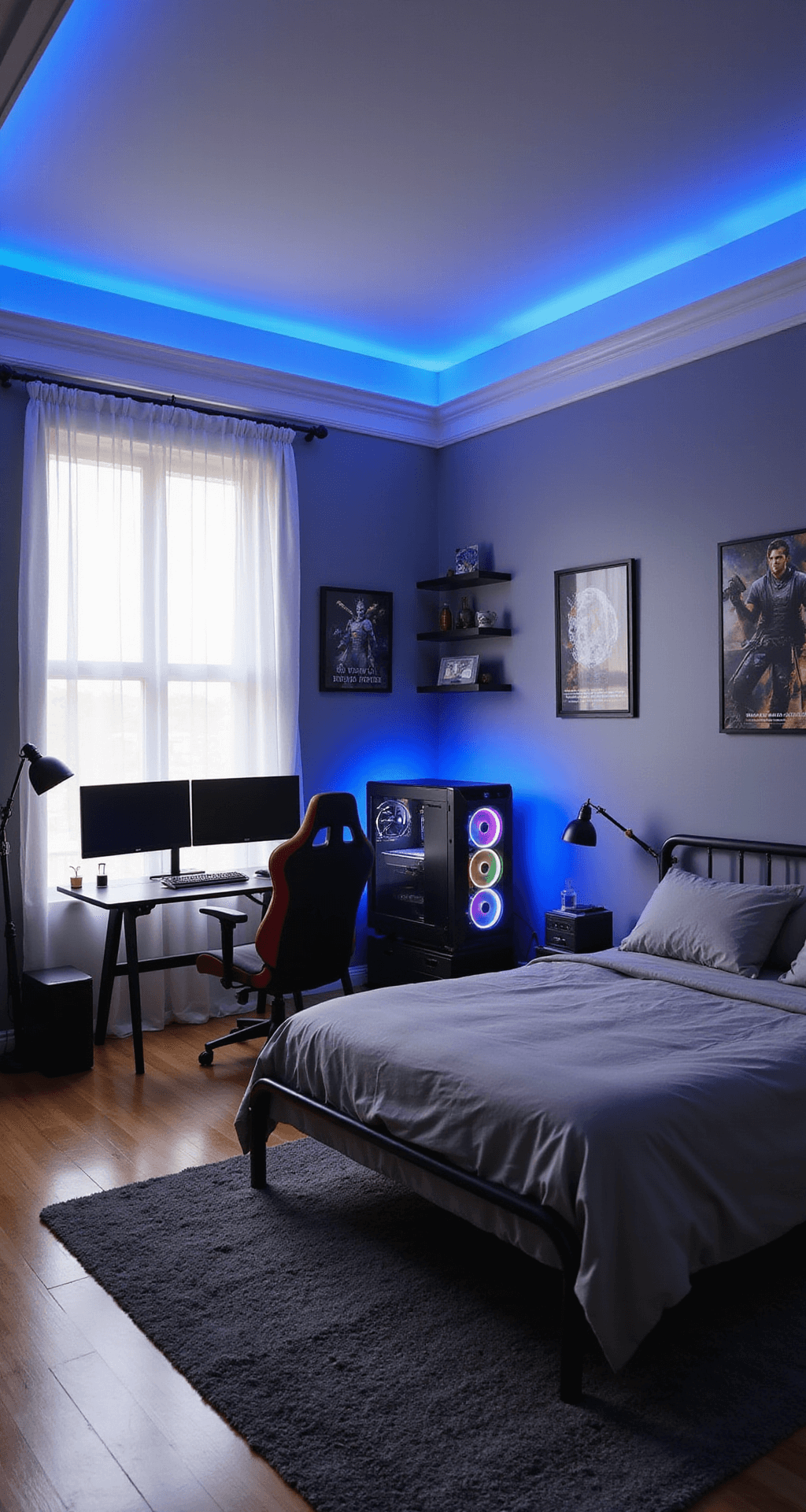 A spacious 12' x 14' bedroom with a sleek L-shaped gaming desk near a large window, dual monitors and a custom-built PC with RGB lighting, cool gray walls with white trim, neon blue LED strips, a comfortable gaming chair, a queen-sized bed with a minimalist frame, gaming posters, floating shelves with collectibles, and a dark gray area rug on hardwood flooring, captured from a high angle.
