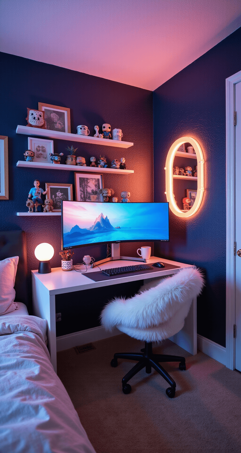 A cozy 10' x 12' gaming sanctuary featuring a compact white gaming desk with an ultrawide monitor, warm RGB lighting, textured navy wallpaper, rose gold accents, a white faux fur gaming chair, pastel pink bedding on a twin bed, floating shelves with Funko Pops, and a large LED-backlit circular mirror.