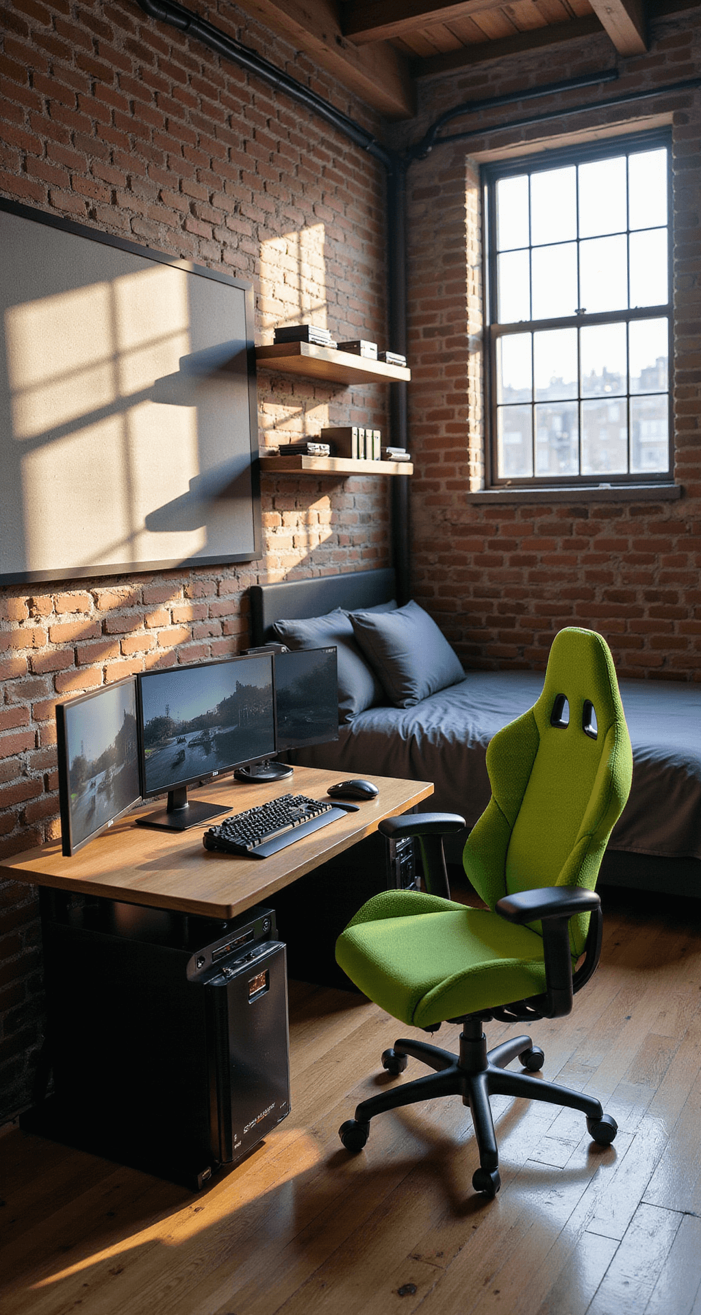 A stylish loft gaming bedroom featuring exposed brick walls, high ceilings, and large windows. The room includes a custom gaming station with a black standing desk, triple monitors, and a high-end gaming PC, complemented by a bright green ergonomic chair. A massive projected display is on one wall, with floating shelves displaying gaming consoles and retro games. A platform bed with charcoal gray linens is positioned on a raised area, captured from a low angle to highlight the space's height and grandeur.