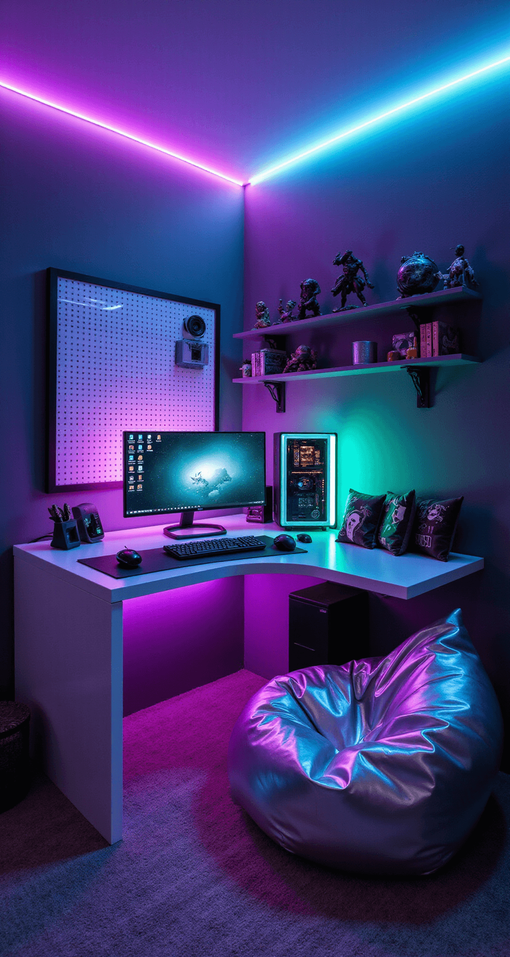A cozy gaming nook with purple and teal LED lighting, featuring a white corner desk with a curved ultra-wide monitor and a custom water-cooled PC. Deep charcoal walls create an intimate atmosphere, complemented by a metallic silver bean bag and a daybed adorned with cyberpunk-themed pillows. A pegboard organizes peripherals and displays gaming awards, while floating shelves showcase limited edition game figurines. The camera captures the scene from desk level.
