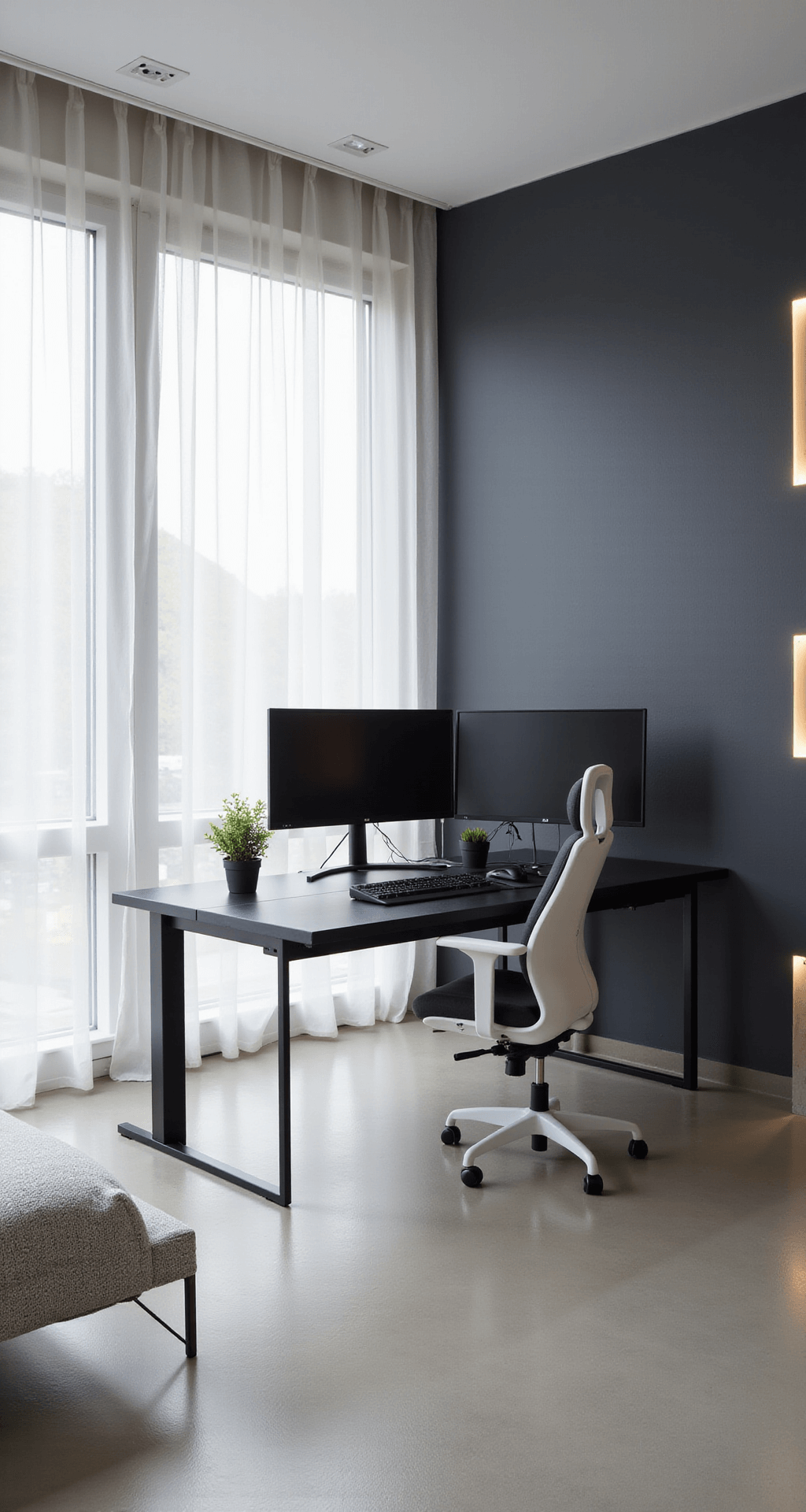 A minimalist gaming setup in a bright room with floor-to-ceiling windows, featuring a matte black L-shaped desk with dual ultrawide monitors, a wireless keyboard, mouse, and a potted succulent. The white ergonomic chair is neatly tucked under the desk, with stark white walls and a deep charcoal accent wall illuminated by hidden LED strips, conveying a sense of calm efficiency and modern simplicity.