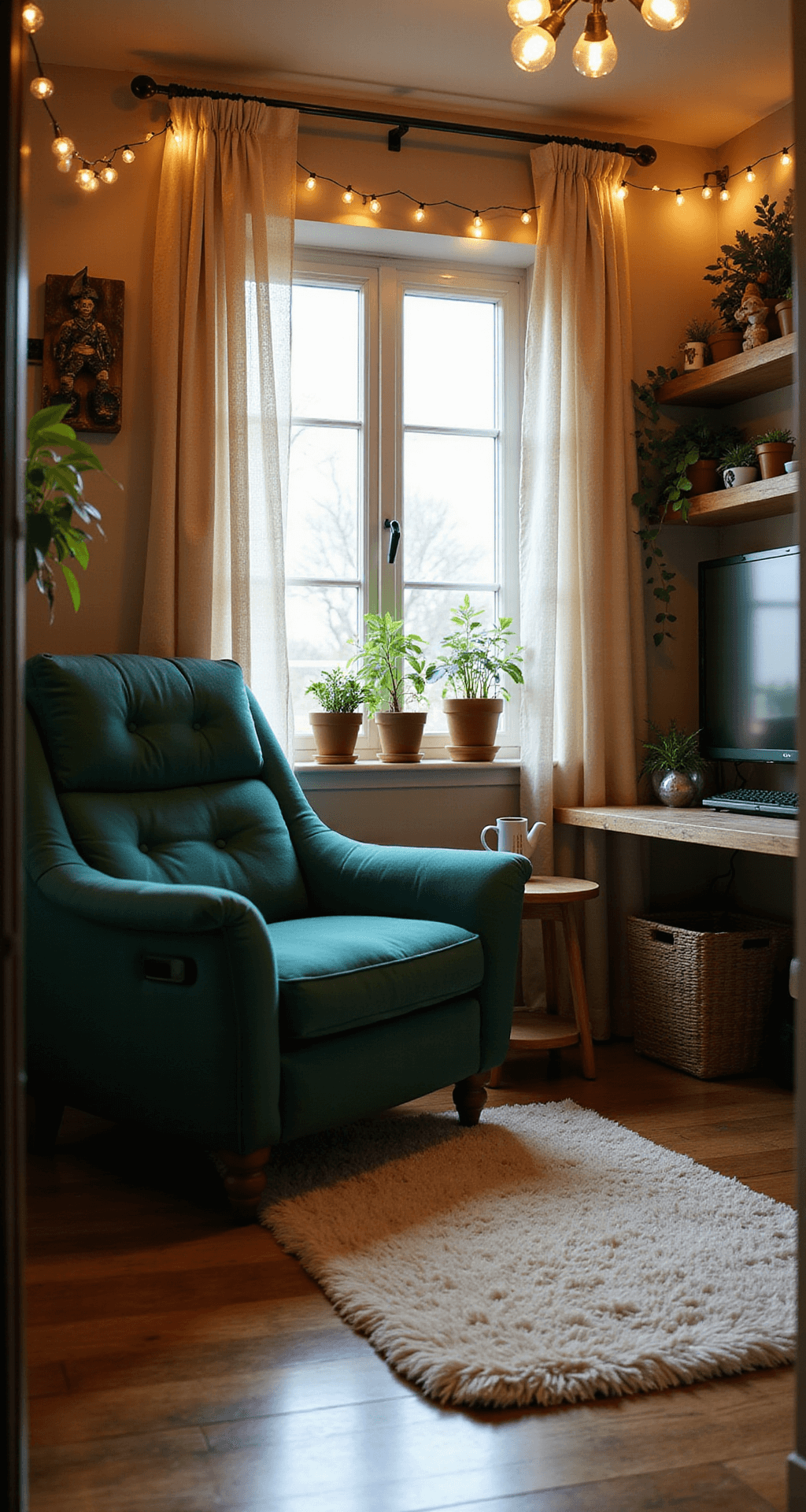 A cozy gaming nook in a small alcove featuring a plush green armchair, wall-mounted monitor, warm light from a window, a side table with tea, fairy lights, a shag rug, and shelves displaying figurines and plants, all in earthy tones with emerald and copper accents.