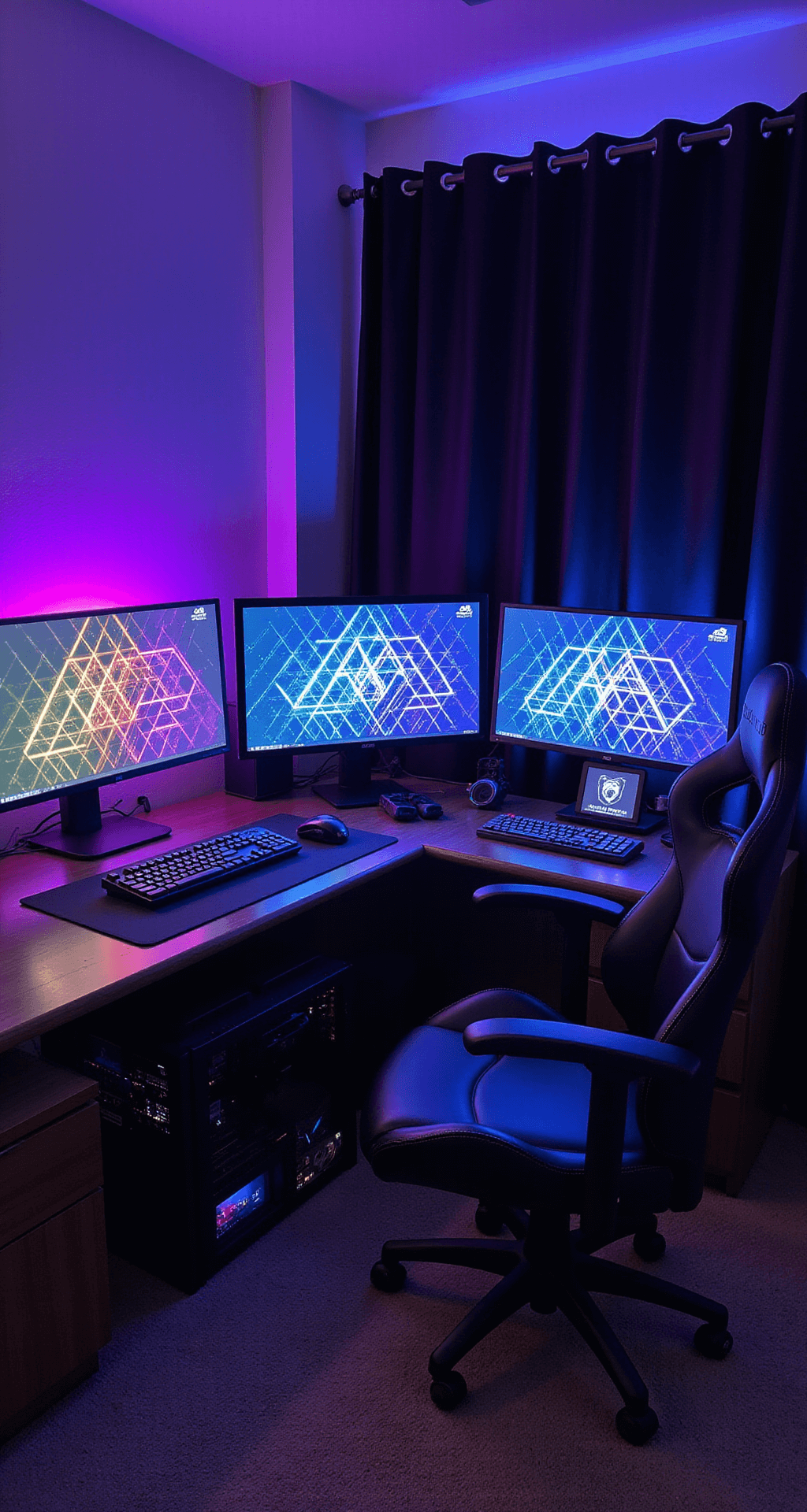 An intense RGB gaming battlestation featuring a custom L-shaped desk with a glass top, three curved monitors with LED backlighting, illuminated peripherals, and Nanoleaf light panels in a darkened room.