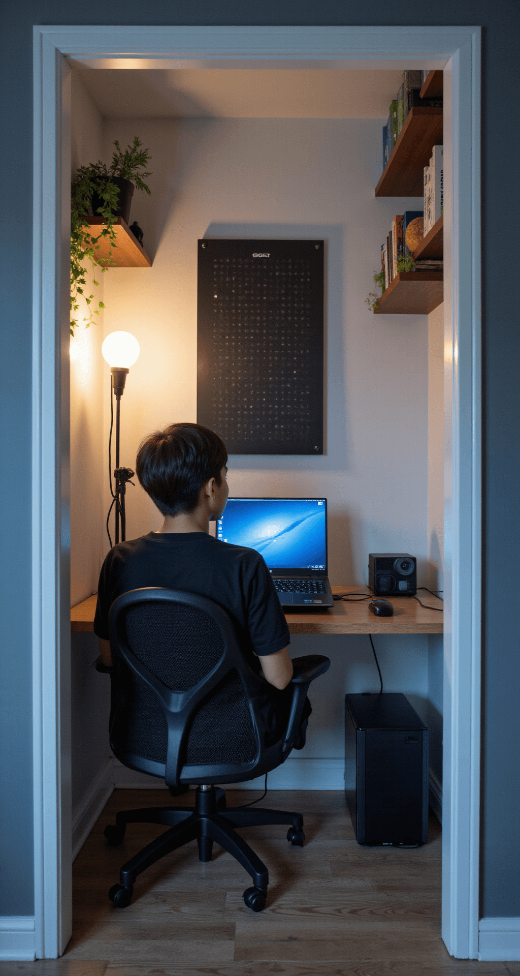 Compact gaming setup in a converted closet featuring a floating desk with an ultrawide monitor, sleek gaming laptop, kneeling chair, organized cables on a pegboard, and decorative shelves, all illuminated by warm ambient light.