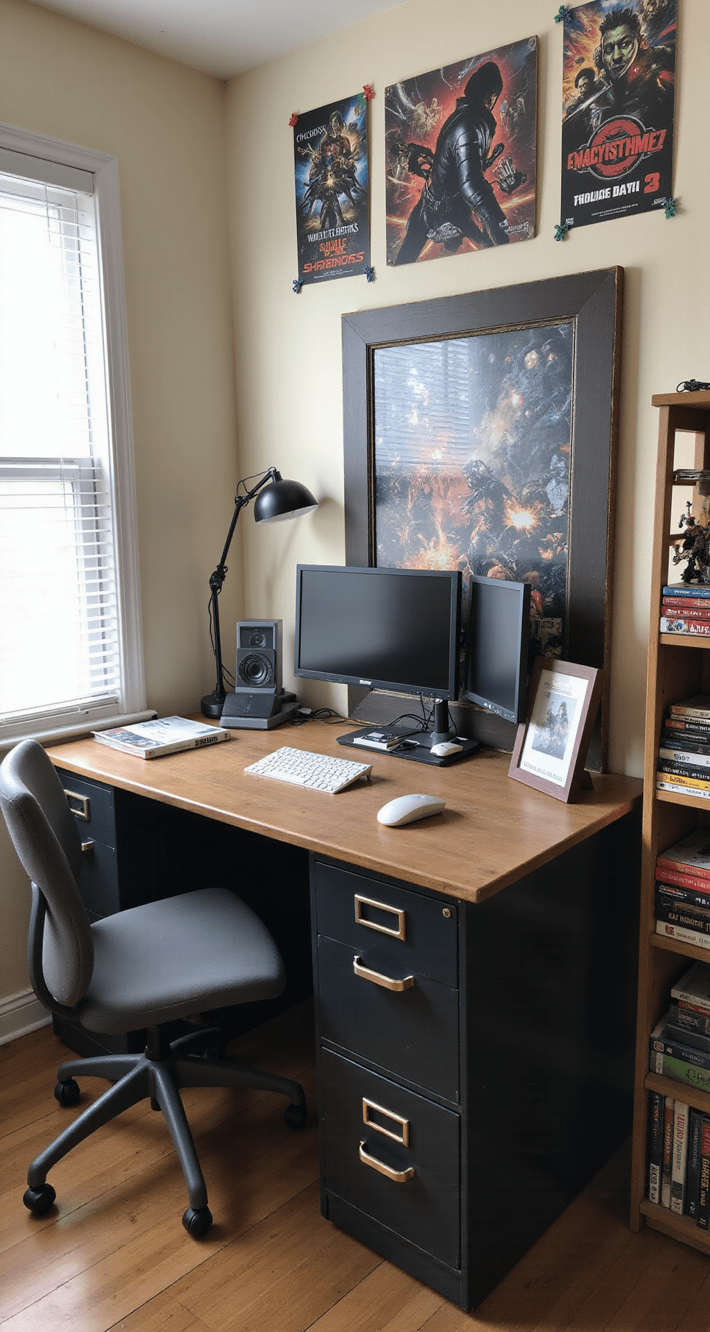 A budget-friendly DIY gaming corner in an 8x10ft bedroom featuring a repurposed wooden door desk on filing cabinets, mismatched monitors on textbooks, a charcoal gray office chair, a thrifted floor lamp, a wall collage of game posters, colorful zip tie cable management, and a secondhand bookshelf filled with games and action figures, illuminated by natural light.