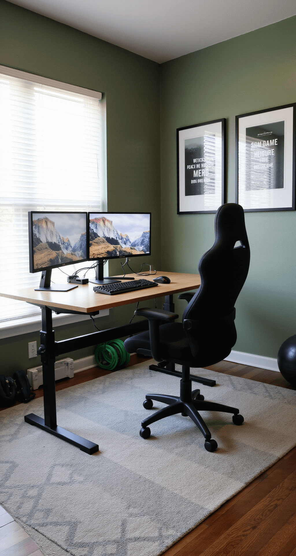 A well-designed ergonomic gaming station in a 10x12ft home office, featuring a height-adjustable desk in light oak, dual monitors at eye level, an ergonomic chair, a split mechanical keyboard, a vertical mouse on an adjustable tray, and an anti-fatigue mat, all under diffused afternoon light with calming sage green walls and motivational prints.