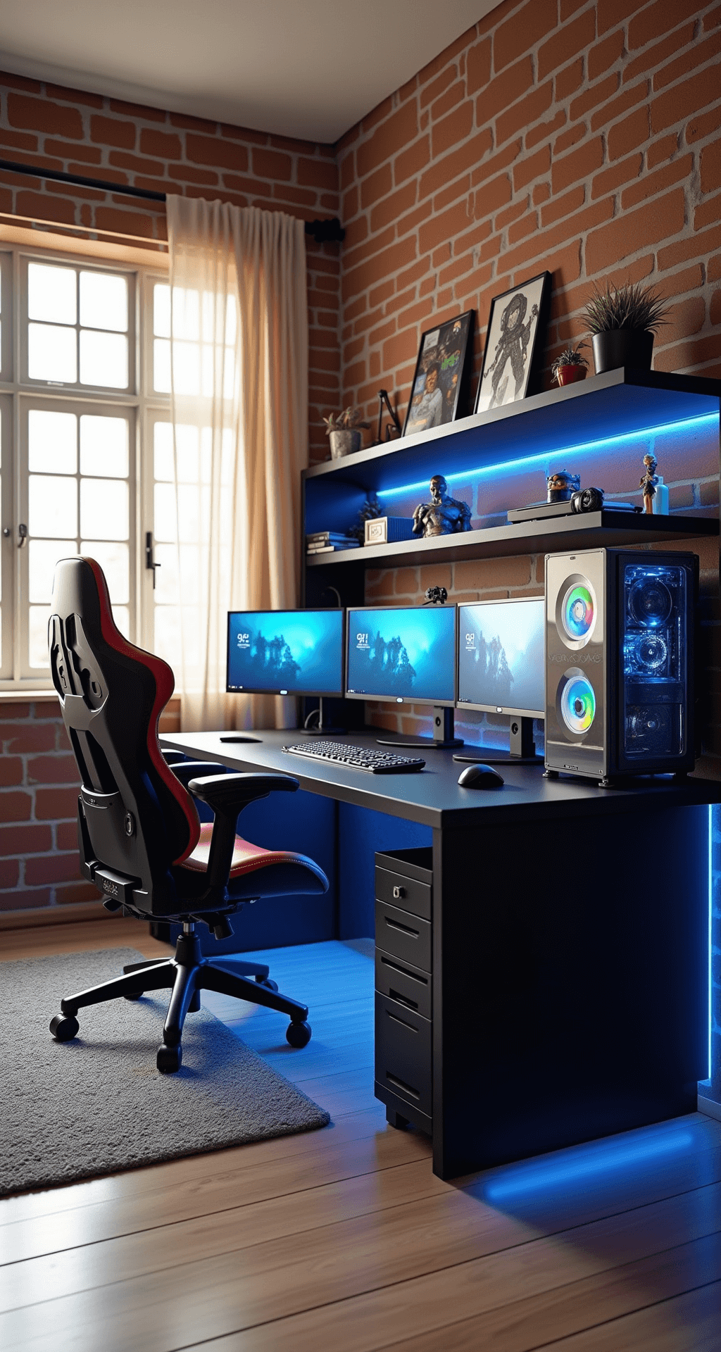A stylish home office converted into a gamer's paradise, featuring exposed brick walls, a custom L-shaped desk with dual ultrawide monitors and RGB lighting, an ergonomic black and red gaming chair, LED strip lighting, and decorative shelves with figurines and a plant, all illuminated by soft afternoon light.