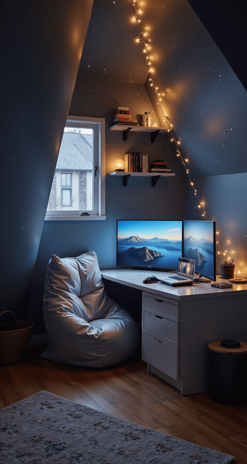 A cozy attic gaming nook with slanted navy ceilings, glowing stars, a compact white desk with a gaming laptop and curved monitor, a silver velvet bean bag chair, floating shelves of gaming memorabilia, warm fairy lights along the ceiling, and a patterned area rug on hardwood floor.
